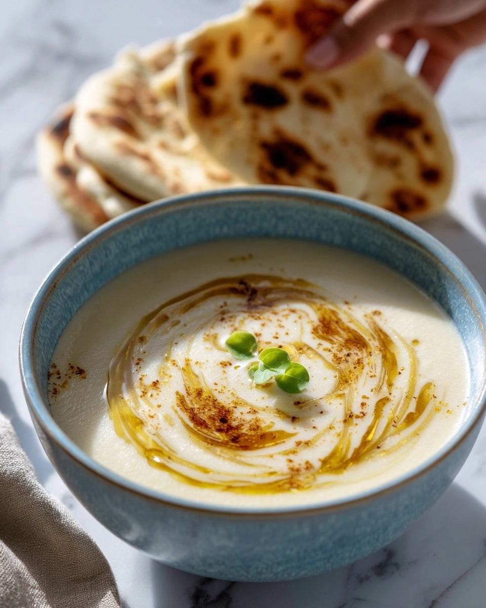 A light blue bowl sits on a white marbled surface, filled with a smooth, creamy white soup. On top of the soup, there is a swirl of golden-brown oil or sauce creating a circular pattern around a dollop of thick cream. A small green leaf rests on the cream, adding a fresh touch. To the left of the bowl, four pieces of flatbread, toasted to a golden brown with slight charring, partially lean against the bowl’s edge. A woman's hand is gently holding one piece of bread from the flatbread stack. The whole scene is bright and simple. photo taken with an iphone --ar 4:5 --v 7