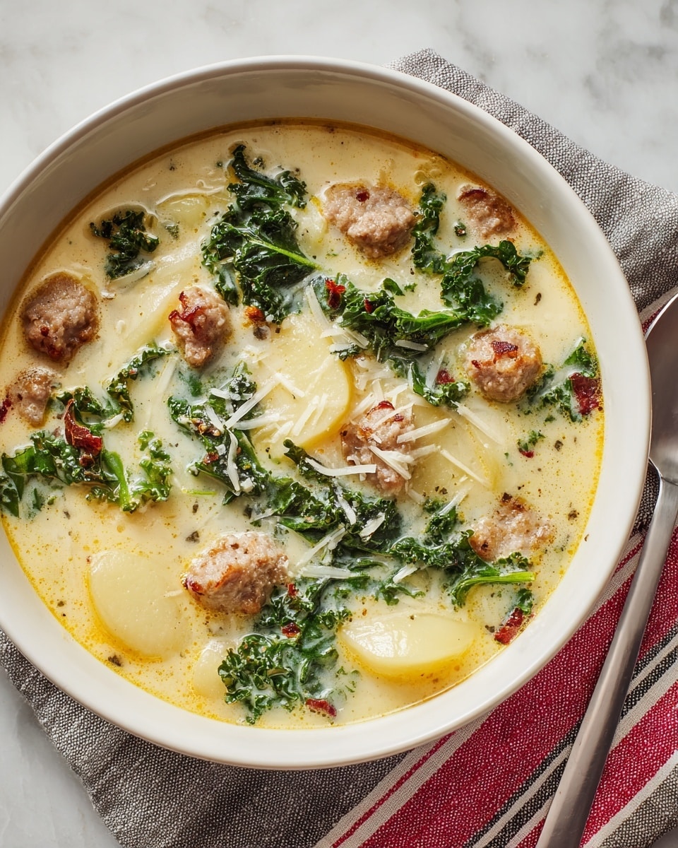 A white bowl filled with creamy soup showing at least five visible layers: a smooth, light yellow broth with a slightly oily surface, chunks of browned sausage scattered throughout, thinly sliced pale yellow potato pieces, bright green kale leaves floating on top, and small shreds of white cheese sprinkled over everything. The bowl rests on a cloth with red and gray stripes, all set on a white marbled surface. photo taken with an iphone --ar 4:5 --v 7