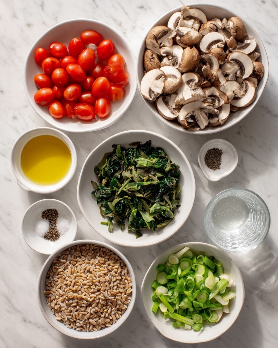 The image shows an overhead view of eight white bowls and containers arranged on a white marbled surface, each holding different ingredients. Starting at the top right, there is a white bowl filled with sliced brown mushrooms, showing layers of light tan and cream textures. To the left, another white bowl is full of halved bright red cherry tomatoes with shiny, smooth skin. Below the tomatoes, a larger white bowl is packed with dark green chopped leafy greens with a rough texture. To its right, a white bowl holds chopped green spring onions with round slices and vibrant green colors. Moving downwards, a large white bowl at the bottom center contains light brown grains of farro with a slightly rough texture. To the left, there are three small white cups: one with a yellow liquid oil, another with small white minced garlic, and the last containing a mix of black and white ground pepper. At the bottom right, there is a clear glass of water with visible ice cubes. The clean arrangement highlights the fresh and natural colors of the ingredients on the white marbled surface photo taken with an iphone --ar 4:5 --v 7