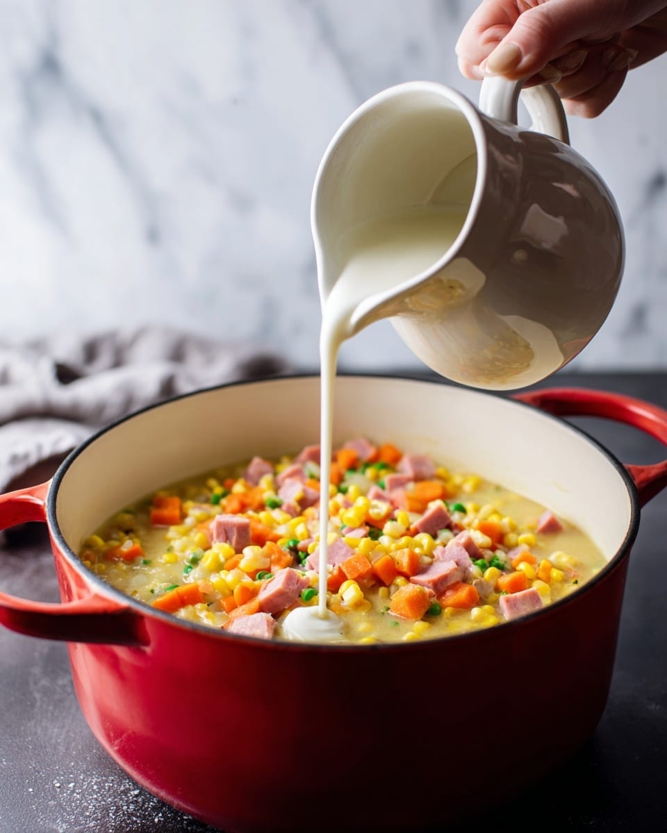 A close-up shot of a pot filled with chunky soup, featuring two main layers: a yellowish broth base filled with pieces of diced ham, bright orange carrot chunks, yellow corn kernels, and small green vegetable bits, topped with a creamy white liquid being poured in from a white pitcher held by a woman's hand. The pot is red on the outside with a white interior, sitting on a dark surface, and the background is a white marbled texture. photo taken with an iphone --ar 4:5 --v 7