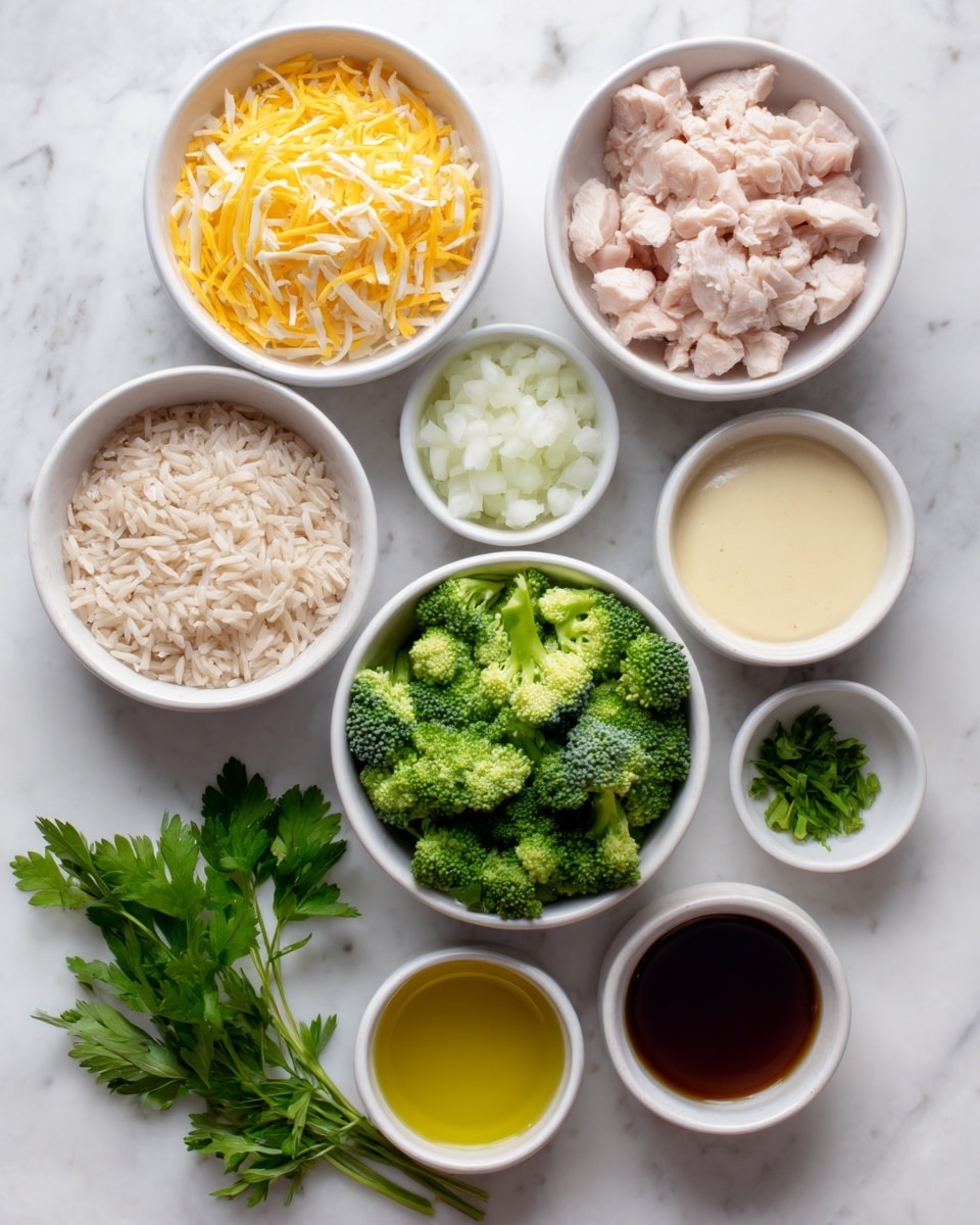 The image shows seven small white bowls arranged on a white marbled surface. Starting from the top left, there is a bowl filled with shredded yellow cheese, next to it on the right is a bowl with chopped light pink chicken pieces. Below these, in the center, there's a bowl with bright green broccoli florets. To the left of the broccoli, a bowl holds finely chopped white onions. Further left is a bowl of uncooked light brown rice. At the bottom center, fresh green parsley leaves are placed in front of a very small white bowl with yellow olive oil. On the right side, there are two small white bowls; one with dark brown liquid stock and the other with light yellow creamy sauce. The bowls and ingredients create a neat composition on a white marbled surface. photo taken with an iphone --ar 4:5 --v 7