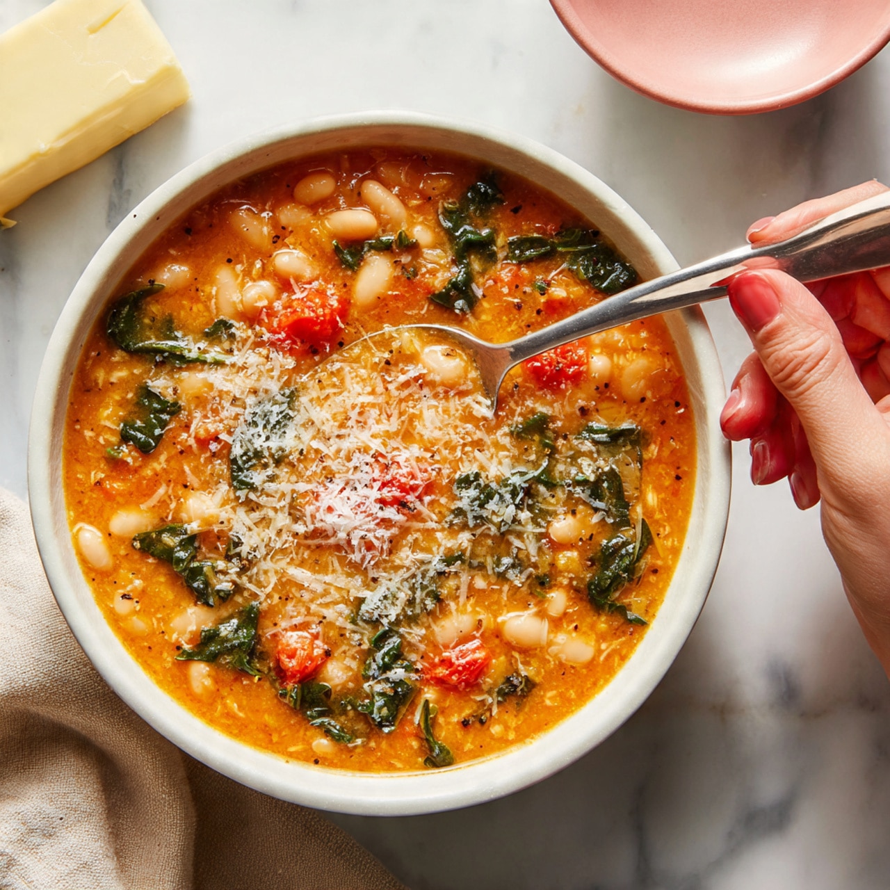 A white bowl filled with a thick, orange vegetable soup that has white beans and bits of green leafy vegetables mixed in. On top, there are small chunks of red tomatoes and a sprinkle of grated cheese, creating a textured, slightly melted layer. A silver spoon is dipped into the soup, with a woman's hand holding the handle. The bowl sits on a white marbled surface with a block of butter and a pink bowl blurred in the background. Photo taken with an iphone --ar 4:5 --v 7