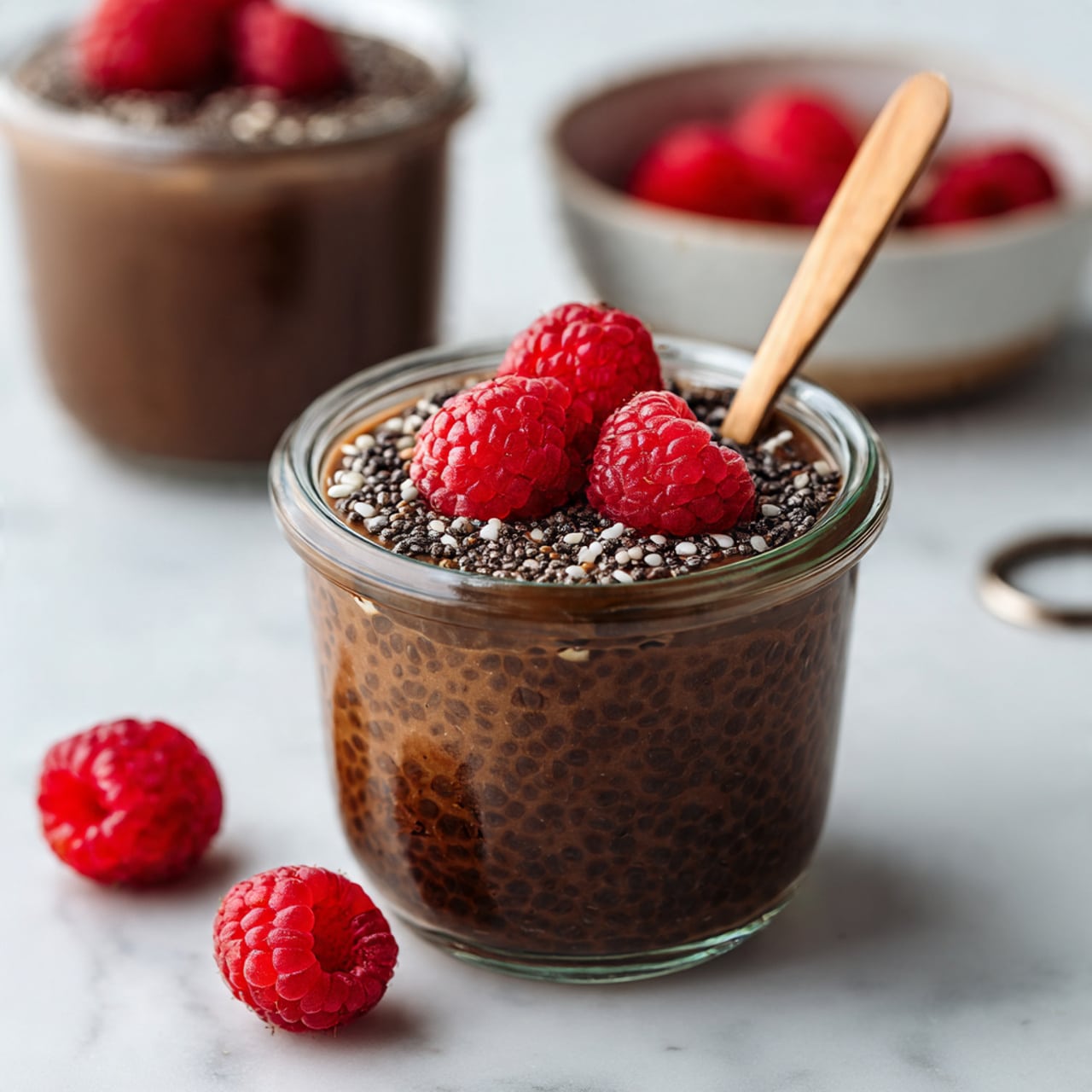 A small transparent glass jar filled with three layers: a thick, dark brown chocolate base mixed with seed-like textures, topped with a sprinkling of small black and white seeds and three bright red raspberries placed on top. A light wooden spoon is stuck inside the jar resting against the edge. Two fresh raspberries lie next to the jar on a white marbled surface. In the background, there is a second jar with the same contents and a blurred white marbled bowl holding raspberries. A metal jar ring lies on the surface near the jar’s base. Photo taken with an iphone --ar 4:5 --v 7
