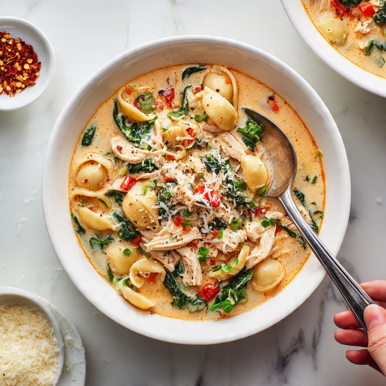 The image shows a white bowl filled with a creamy soup containing three main layers: a light orange creamy broth; medium-sized beige shell pasta pieces scattered throughout; and shredded light tan chicken mixed with bright green leafy spinach and small chunks of red tomatoes, topped with a sprinkle of grated white cheese. A silver spoon rests inside the bowl on the right side with its handle extending out. There is a small white saucer with red chili flakes in the upper left corner and part of another white bowl with grated cheese on the lower left side. The background is a white marbled texture. photo taken with an iphone --ar 4:5 --v 7