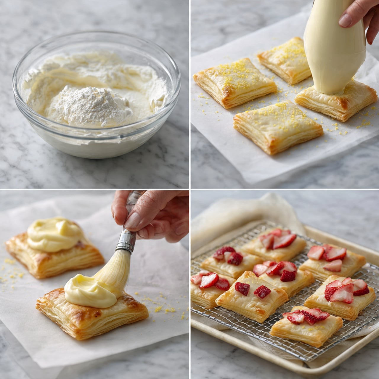 The series of images shows the process of making square pastries with cream and strawberries. The first image shows a clear glass bowl with white cream cheese, powdered sugar, butter, and yellow lemon zest on a white marbled surface. The second image shows a piping bag filled with creamy pale yellow filling with lemon zest specks on the white marbled surface. The third image shows flat square dough pieces evenly placed on parchment paper over the white marbled surface. The fourth image displays one of the dough squares with a dollop of pale yellow cream in the center. The fifth image shows a woman's hand brushing the edges of the dough square near the cream, now topped with small pieces of red strawberries, on the parchment paper. The final image is a close-up of several golden brown baked square pastries on a wire rack, each with a creamy center, some topped with strawberry pieces. photo taken with an iphone --ar 4:5 --v 7