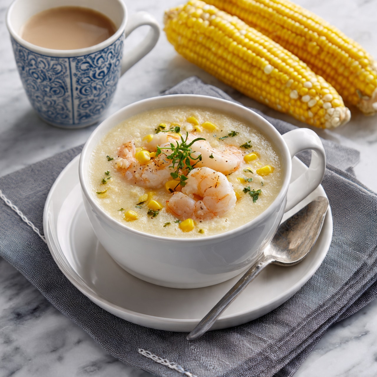 A white bowl filled with creamy soup that has small yellow corn pieces and three pink shrimp placed on top, with a small sprig of green herb in the center. The bowl is on a white plate, resting on a gray cloth napkin with white stitching. Two ears of corn and a spoon sit nearby on a white marbled surface. A white cup with a blue pattern holds a light-colored drink in the background. A woman's hand is slightly visible near the plate. Photo taken with an iphone --ar 4:5 --v 7