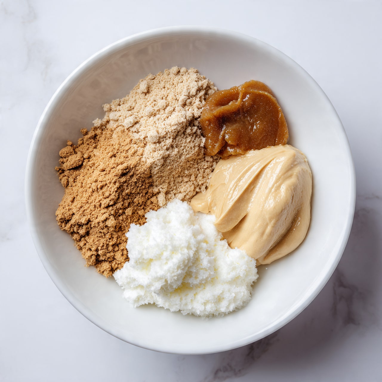 A white bowl sits on a white marbled surface, filled with four distinct layers arranged side by side. On the left, there is a large pile of light brown powder with a crumbly texture. Next to it is a small mound of medium brown powder with a fine texture. Beside that, near the top right, is a dollop of shiny caramel-brown paste, which looks smooth and thick. Covering the bottom right half of the bowl is a fluffy, creamy white layer with a soft texture. photo taken with an iphone --ar 4:5 --v 7