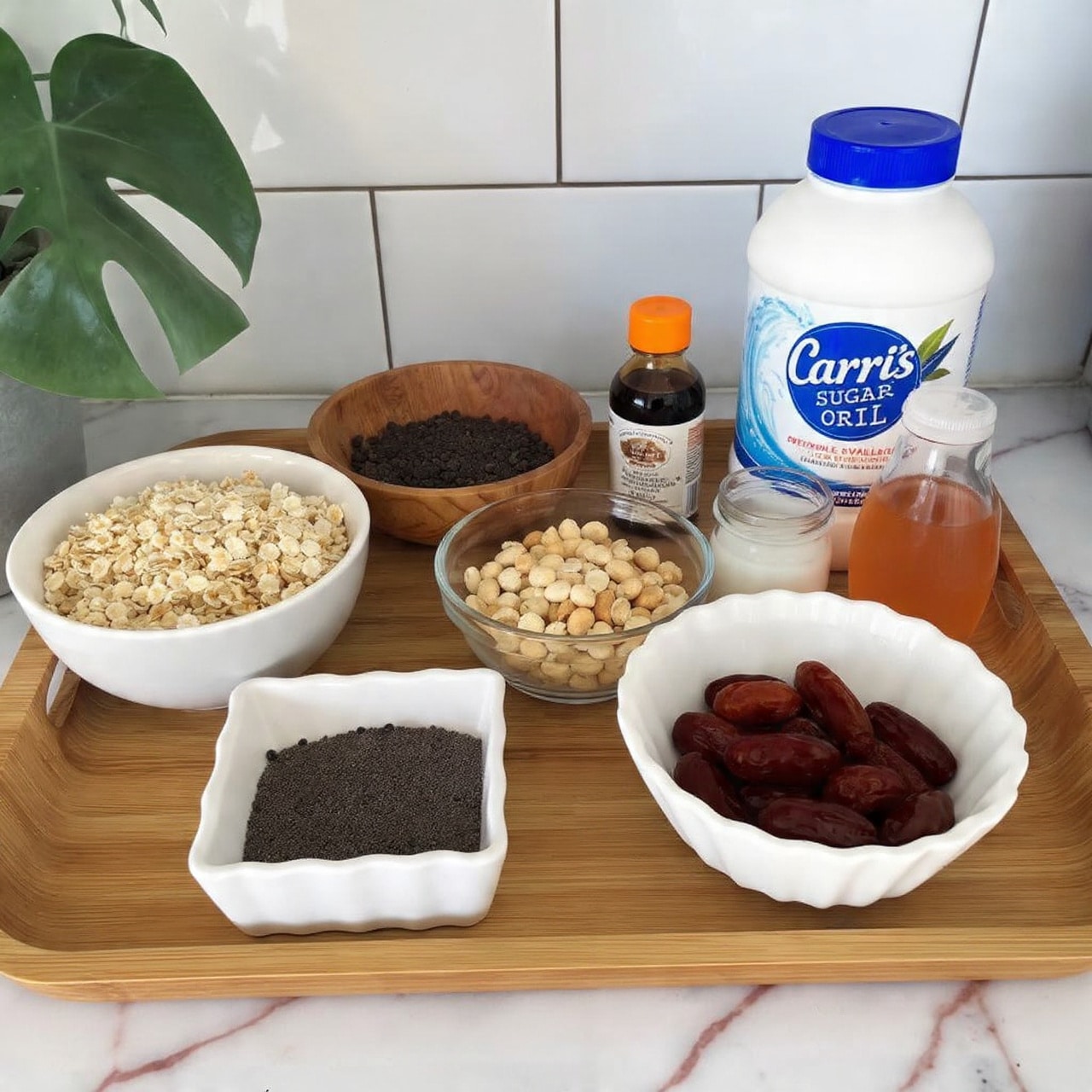 A wooden tray holds several ingredients for a recipe on a white marbled surface. On the left, a white bowl contains beige rolled oats, and next to it is a white square dish filled with small black chia seeds. A wooden bowl in the center is filled with dark brown chocolate chips. To the right, a clear glass bowl holds light brown peanuts, while a white fluted bowl is full of dark reddish-brown dates. A small glass jar contains a creamy white liquid, and a small dark vanilla extract bottle with an orange cap sits in front of a clear plastic bottle of amber-colored syrup labeled