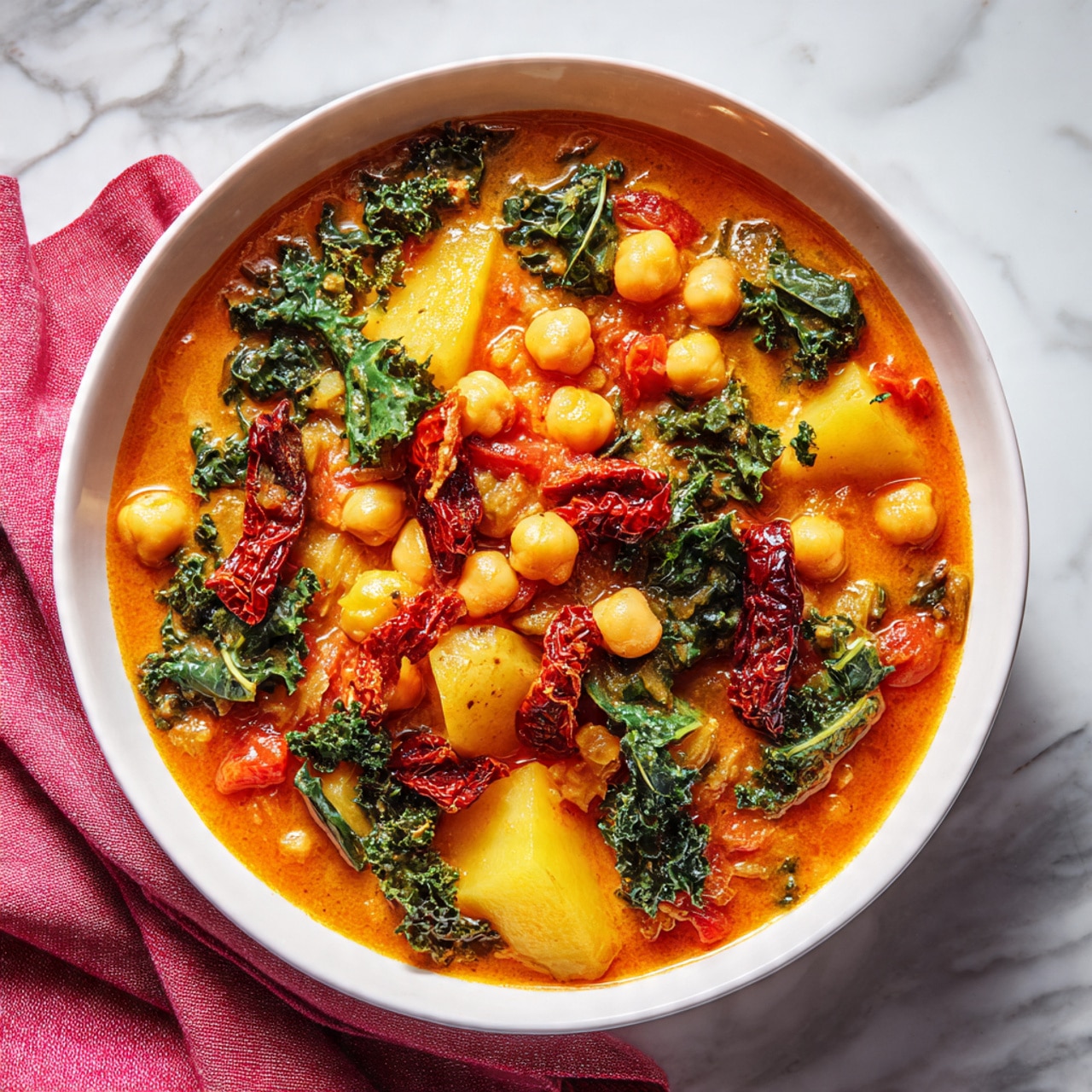 The image shows a deep white bowl filled with a thick orange stew. The stew has visible layers of chickpeas, bright green kale leaves, and yellow potato chunks evenly spread throughout. Scattered on top are pieces of dark red dried tomatoes that add contrast. The bowl is placed on a white marbled surface with a pink cloth on one side and dark green kale leaves behind it. The stew looks creamy and hearty with a mix of soft and slightly textured ingredients. photo taken with an iphone --ar 4:5 --v 7