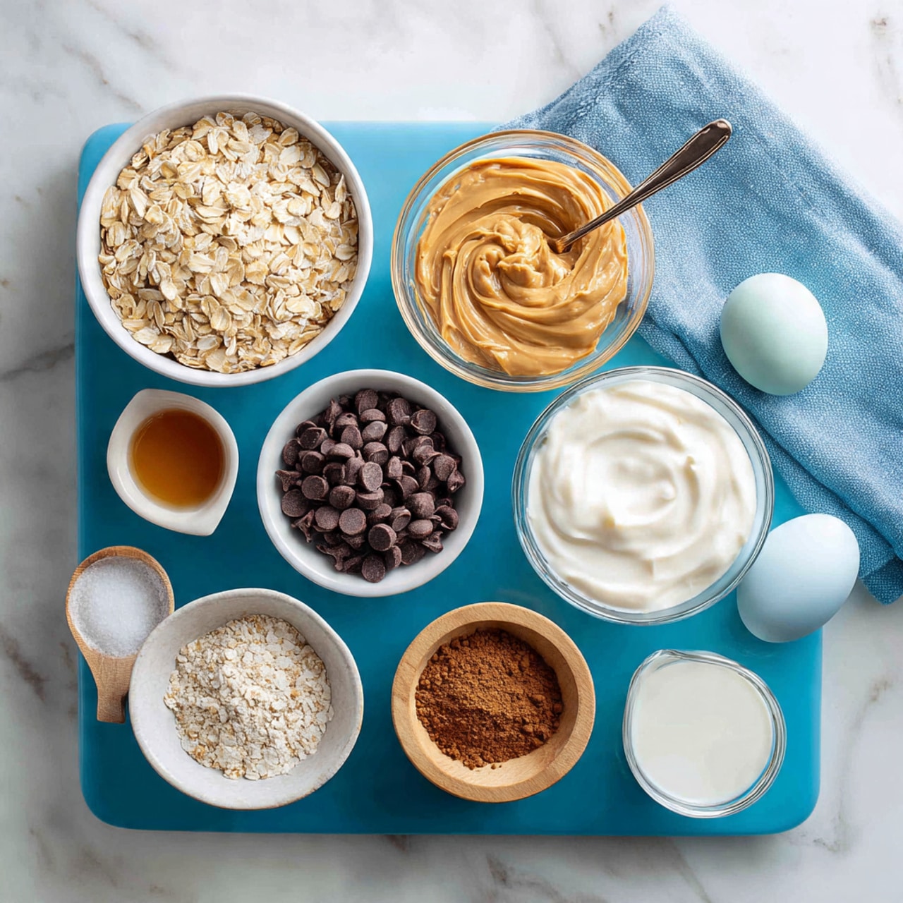 The image shows several clear and white bowls arranged on a blue cutting board resting on a white marbled surface. The top left bowl is filled with light beige rolled oats, and below it is a larger clear bowl with creamy light brown peanut butter and a metal spoon inside. To the right of this bowl is a glass bowl of smooth white yogurt or sour cream. Below these, a small white bowl holds many small dark brown chocolate chips, and next to it is a white bowl with a light brown powder, likely a cocoa or protein mix. There is a tiny white bowl with light brown liquid, a small wooden bowl with white salt, and two pale blue eggs lying on a blue cloth. A clear small cup with white liquid sits at the bottom right corner. Photo taken with an iphone --ar 4:5 --v 7