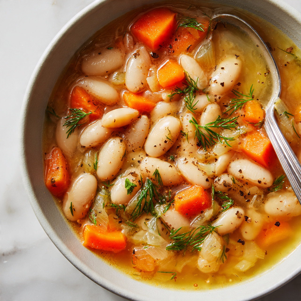 A close-up of a white bowl filled with a warm stew made of small white beans, soft diced orange carrots, and translucent cooked onions in a light tan broth. The stew is topped with small green dill sprigs and a sprinkle of black pepper. A silver spoon is resting inside the bowl, partially submerged in the broth, showing the smooth texture of the beans and vegetables. The bowl is placed on a white marbled surface. photo taken with an iphone --ar 4:5 --v 7