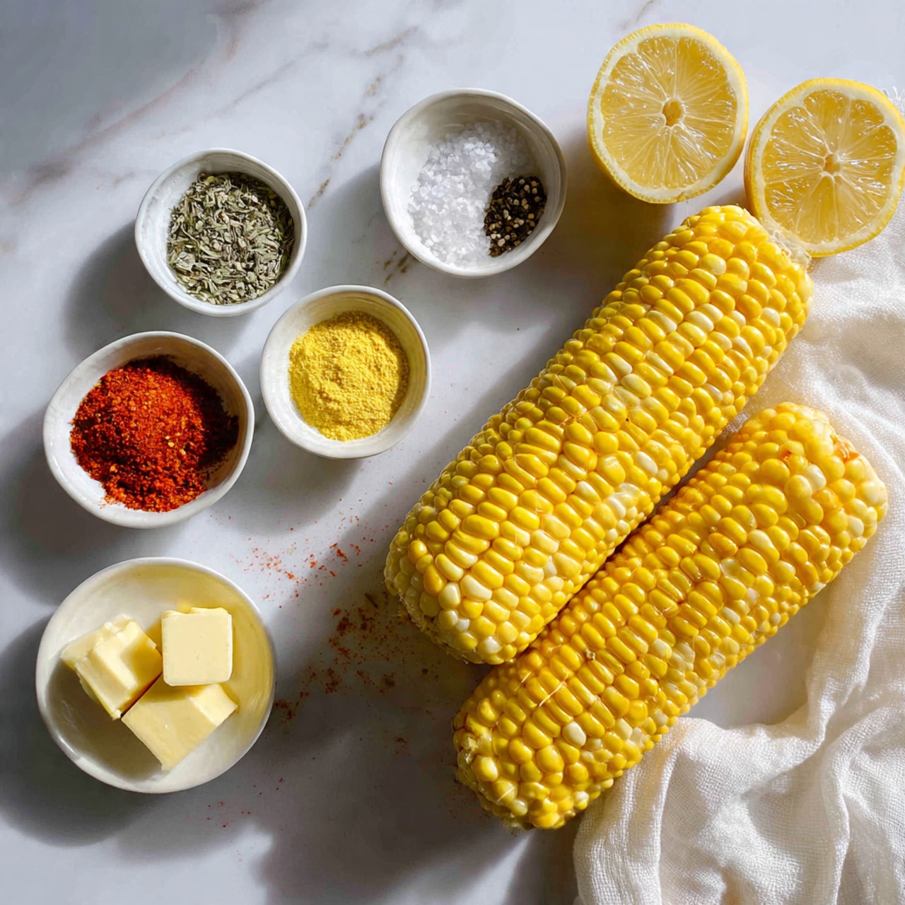 The image shows three bright yellow corn cobs placed vertically on a white marbled surface to the right side. On the left, there are five small white bowls arranged in a loose vertical row: the top bowl holds a mix of black pepper and white salt, below it a bowl with light green dried herbs, then a bowl with yellow powder, followed by a bowl with red powder, and at the bottom a bowl with three small yellow butter pats. In the upper right corner, there are two halves of a lemon placed side by side. A white cloth lies loosely at the bottom right corner, adding a soft texture contrast to the scene. The lighting is bright and natural, highlighting the colors and textures clearly. photo taken with an iphone --ar 4:5 --v 7
