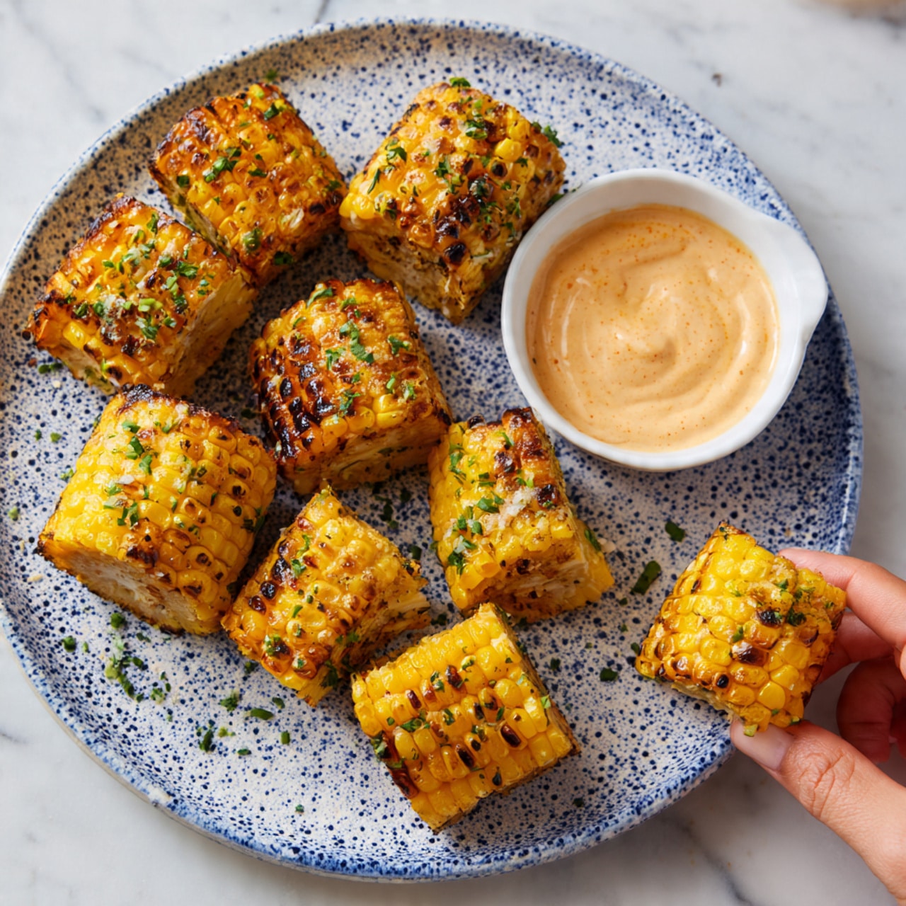 The image shows several pieces of grilled corn on the cob, cut into smaller sections, placed on a white plate with a blue speckled pattern. The corn kernels are golden yellow with some charred brown spots and sprinkled with green herbs. There is a white bowl filled with a creamy light orange dipping sauce, and one piece of corn is partly dipped in it. The plate is set on a white marbled surface, with a woman’s hand holding a piece of grilled corn on the right side. Photo taken with an iphone --ar 4:5 --v 7