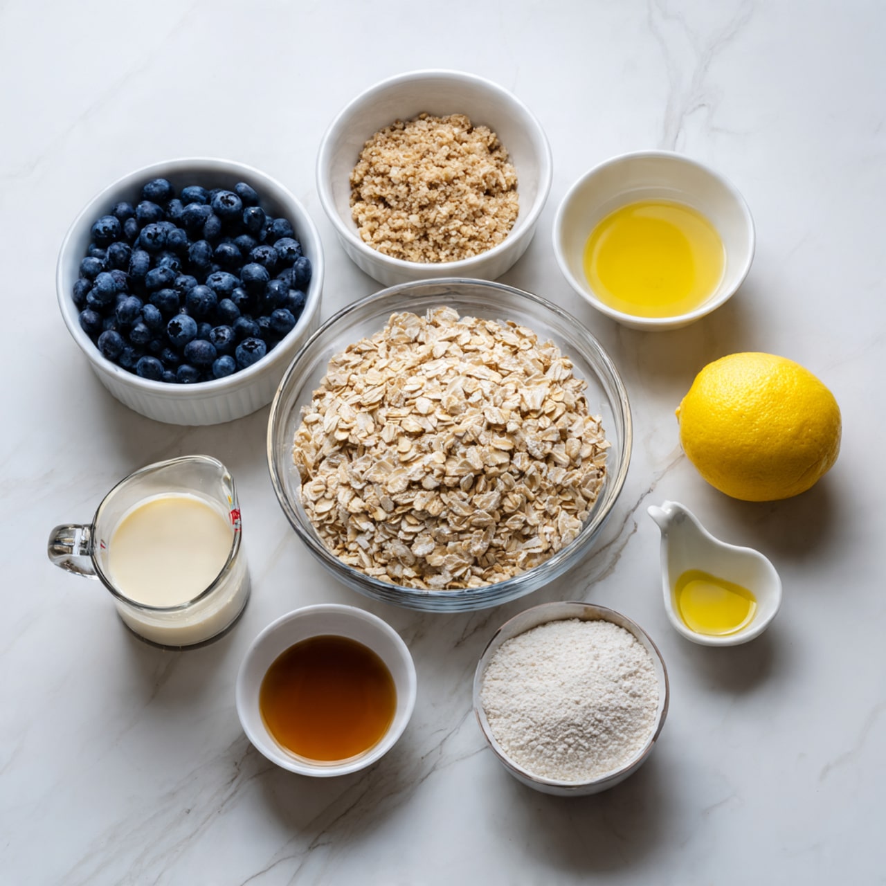 The image shows a clear glass bowl at the center filled with dry rolled oats, light beige in color and textured. Surrounding it are several white bowls and small clear containers each holding different ingredients: a white bowl with fresh dark blue blueberries, a white bowl with a light brown flaxseed mixture, a small white bowl with a pale yellow liquid, a small white bowl with brown syrup, and a tiny white bowl with white salt. There is also a measuring glass with a creamy white liquid inside, a bright yellow whole lemon, and a small white bowl filled with white powder, possibly baking soda or baking powder. All are placed on a white marbled surface photo taken with an iphone --ar 4:5 --v 7