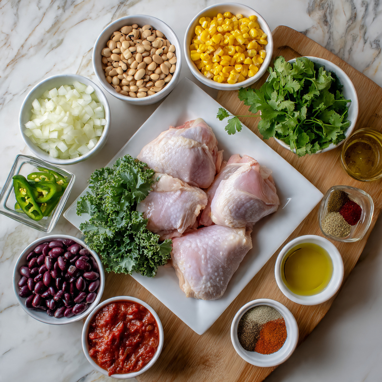 The image shows three raw, light pink chicken pieces placed on a white square plate with a few green kale leaves on top and around them. Surrounding the plate, several small white bowls hold chopped white onions, diced green bell peppers, golden yellow corn kernels, light brown pinto beans, dark purple-black beans, and red salsa. There is also a small bowl with green chili peppers, a bowl with golden cooking oil, and another with green cilantro leaves. On a small wooden board to the right, four small white bowls hold different spices in shades of brown and red. The background is a white marbled surface. Photo taken with an iphone --ar 4:5 --v 7