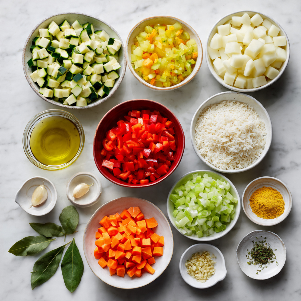 The image shows an overhead view of many small white bowls and one red bowl arranged neatly on a white marbled surface. The bowls contain chopped fresh veggies and ingredients: diced green zucchini mixed with yellow squash in a large bowl at the top left, diced white potatoes in a large bowl at the top right, chopped red bell peppers in a medium bowl below the zucchini, small white grains in a red bowl in the center, chopped light green celery in a medium bowl to the right of the grains, diced orange carrots in a medium bowl at the bottom left, a small glass with light golden oil next to the carrots, minced garlic on a small white dish near the oil, diced white onions in a medium bowl at the bottom right, a small bowl with a yellow powder and a few dry green herbs in tiny bowls around the edges. Two green bay leaves lay flat near the bottom center. photo taken with an iphone --ar 4:5 --v 7