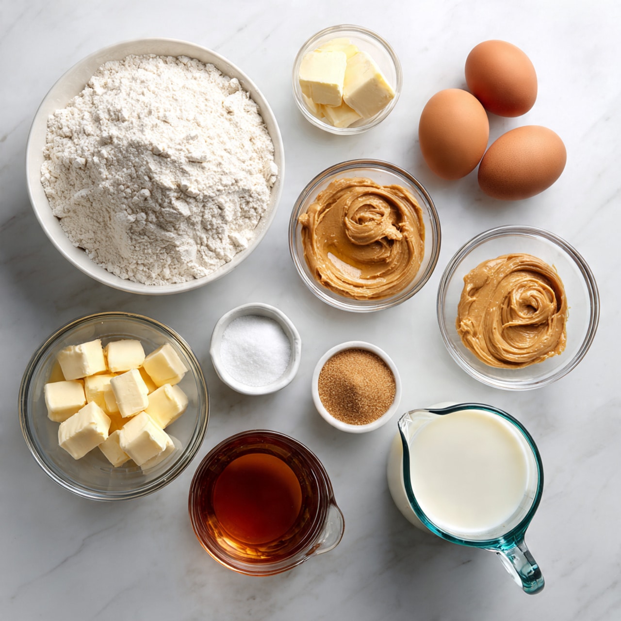 The image shows a top-down view of various baking ingredients arranged neatly on a white marbled surface. There are nine glass and white bowls placed in a rough circle: one large white bowl with a mound of white flour, a small bowl with butter pieces, a small bowl with creamy light brown peanut butter, a clear glass bowl with two brown eggs, a medium glass bowl with a light yellow melted substance, another small bowl with white granulated sugar, a small bowl with white powder, a medium bowl with a dark amber liquid, and a large glass measuring cup filled with white milk. Each bowl is spaced evenly and clearly visible. photo taken with an iphone --ar 4:5 --v 7