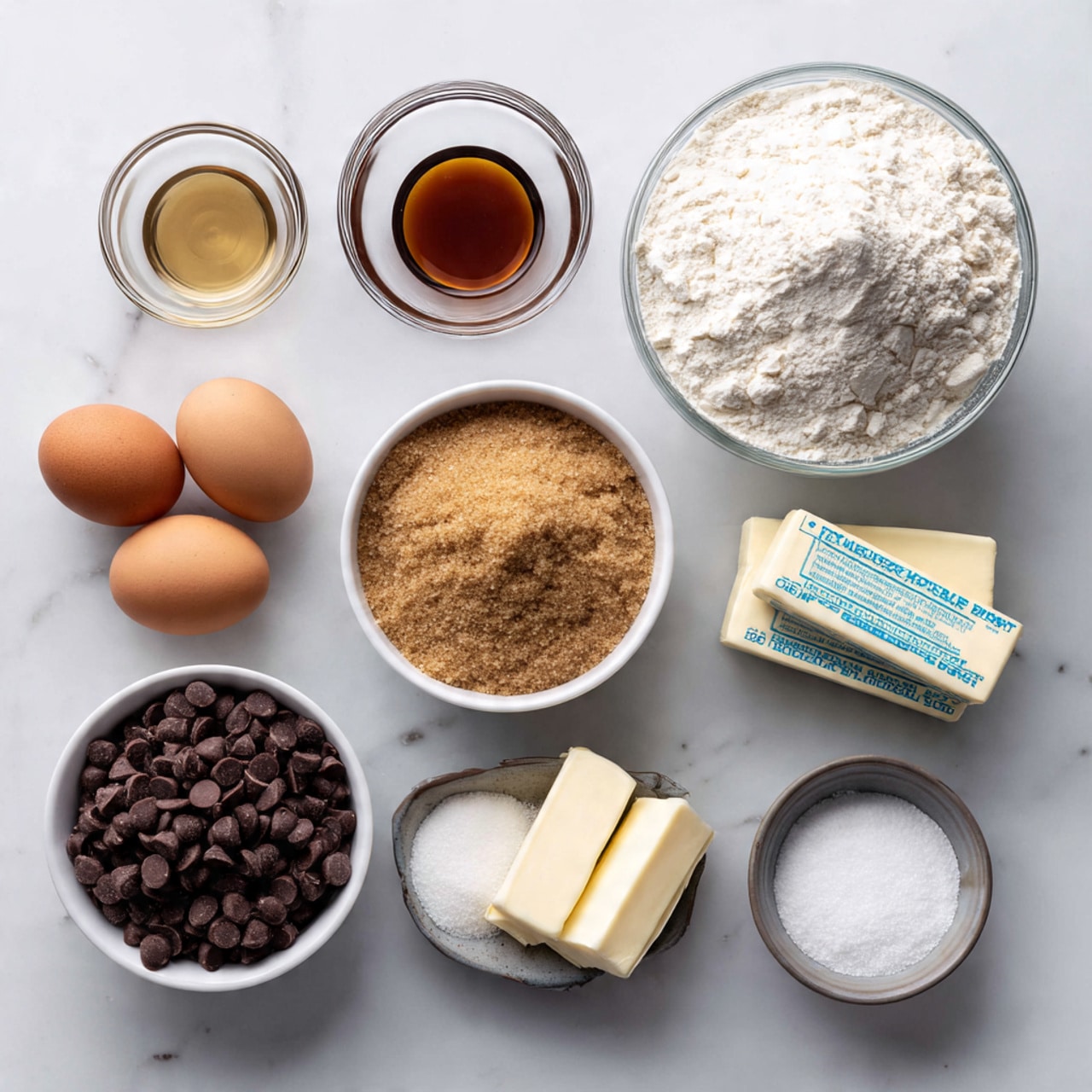 The image shows nine baking ingredients arranged neatly on a white marbled surface. At the top right is a large clear glass bowl filled with white flour. To the left of it is a small clear glass bowl with light brown vanilla extract. Below the extract is a small white bowl filled with white granulated sugar. In the center is a medium white bowl filled with light brown packed brown sugar. Below and slightly to the left of the brown sugar are two brown eggs placed side by side directly on the surface. Below the eggs is a medium clear glass bowl filled to the top with dark brown chocolate chips. To the right of the chocolate chips is a small white bowl containing three white powders, slightly separated. To the right of the brown sugar and eggs are two sticks of butter wrapped in white paper with blue text, stacked one on top of the other. photo taken with an iphone --ar 4:5 --v 7