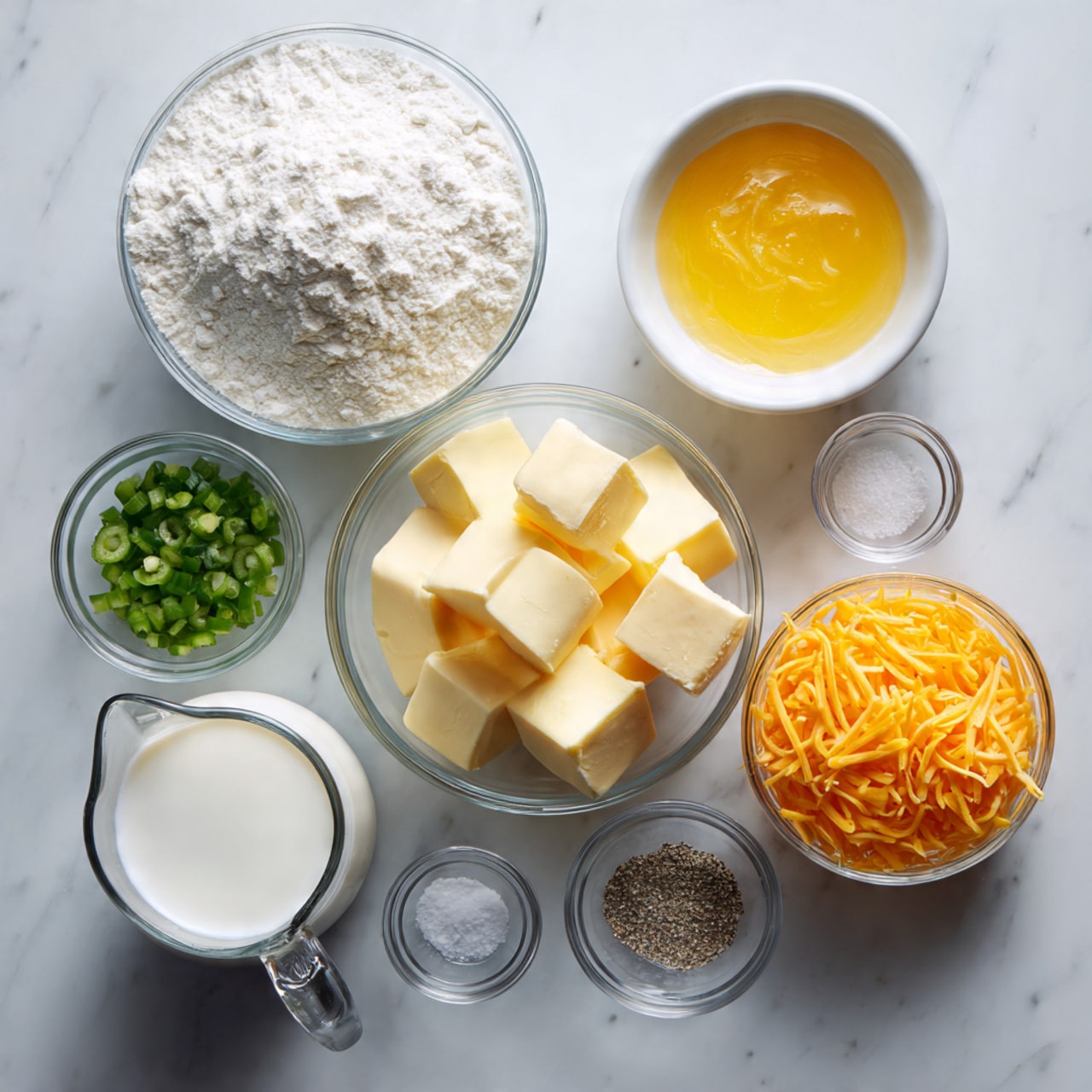 The image shows a top view of several clear and white bowls arranged neatly on a white marbled surface. Starting from the top left, there is a clear glass bowl filled with white flour, next to a small white bowl of melted butter with a smooth, shiny yellow surface. Below the flour bowl, there is a clear round bowl with medium-sized yellow cubes of butter. To the right of the butter cubes, there are three small clear bowls with salt, black pepper, and another white powder. Above these, there is a small white bowl with finely chopped green jalapeños. At the bottom left, a clear glass measuring cup is filled with white milk. To the right of the milk, a clear glass bowl contains bright orange shredded cheese. The scene is clean and organized, with a neutral color palette and a hint of natural light. Photo taken with an iphone --ar 4:5 --v 7