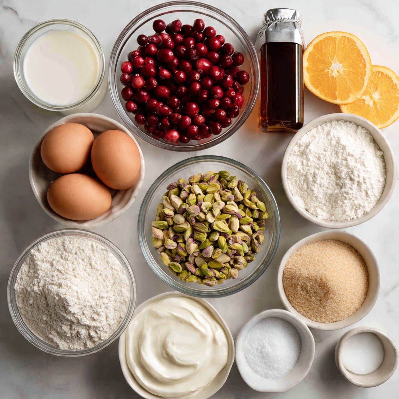 The image shows several clear glass bowls arranged on a white marbled surface, each containing different baking ingredients. Starting from the top left, there is a small bowl of white milk, next to it a larger bowl full of bright red cranberries. To the right of the cranberries is a dark brown bottle of vanilla extract, placed above a stick of butter still in its wrapper. Below the vanilla and butter, two halves of a bright orange are placed side by side, showing their juicy, segmented interior. Below the cranberries is a bowl filled with white yogurt or sour cream with a smooth texture. To the left of the yogurt is a bowl with shelled pistachio nuts in green and brown hues. Below the pistachios is a large bowl containing flour with two brown eggs resting on top. Beside the large flour bowl is a small bowl of white granulated sugar, and below it a bowl of light brown sugar with a soft, slightly clumped texture. To the right of the sugar bowls are two tiny bowls, one holding a small amount of white salt, the other containing white baking soda or baking powder. The white marbled surface gives a clean look to the arrangement. photo taken with an iphone --ar 4:5 --v 7