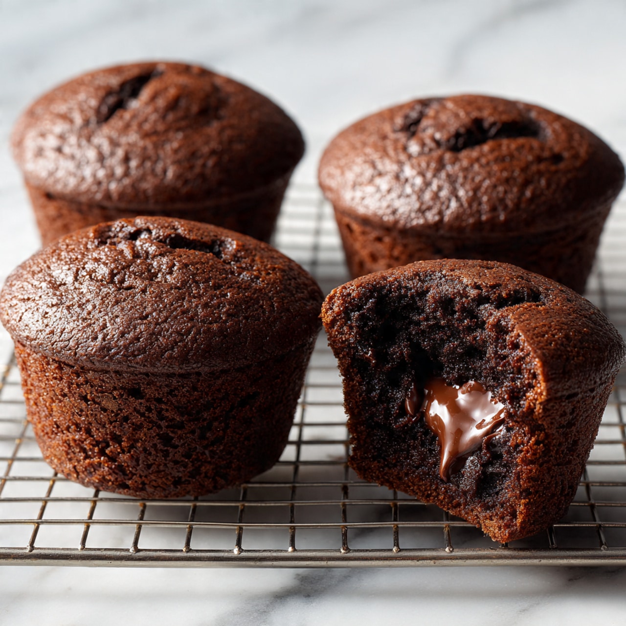 The image shows four chocolate muffins on a wire cooling rack over a white marbled surface. Three whole muffins are on the left, dark brown with a smooth rounded top and small cracks. The fourth muffin on the right is cut in half, showing a soft, moist inside with a melted chocolate center. The rich chocolate filling contrasts with the darker muffin crumb. The lighting highlights the texture and shiny melted chocolate inside the muffin photo taken with an iphone --ar 4:5 --v 7