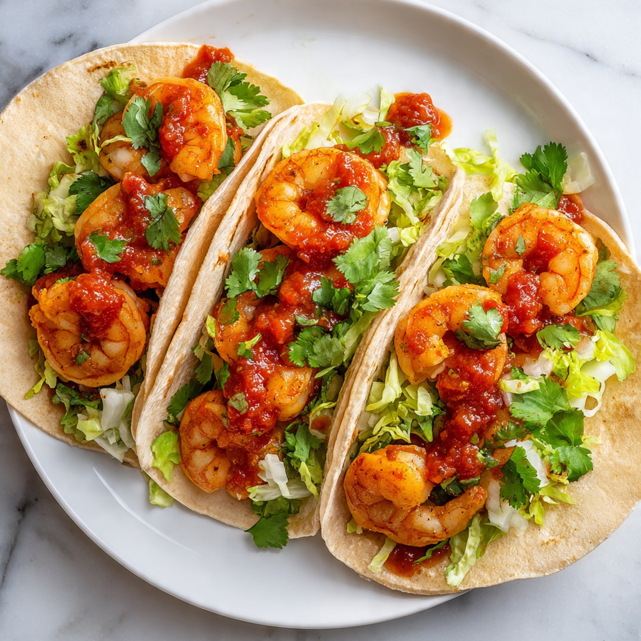 Three soft light-brown tortillas folded in half are placed in a row on a white plate over a white marbled surface. Each tortilla is filled with cooked orange shrimp at the bottom, topped with light green shredded lettuce, fresh green cilantro leaves, thin slices of white onion, and bright red salsa spooned generously on top. The textures show the freshness of the vegetables and the moist cooked shrimp, with some sauce dripping slightly on the plate. Photo taken with an iphone --ar 4:5 --v 7
