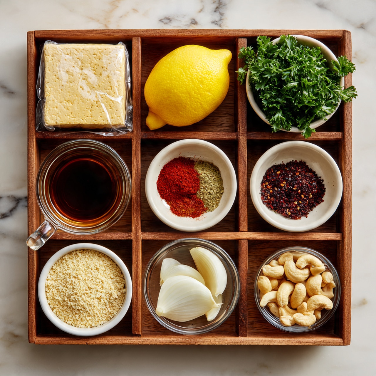 A wooden tray with nine compartments filled with cooking ingredients sits on a white marbled surface. In the top row, from left to right, there is a wrapped block of beige tempeh, a yellow lemon, two garlic cloves, and a white bowl filled with fresh green parsley. In the middle row, there is a glass cup of brown liquid broth on the left, a small glass bowl with bright red paprika powder in the middle, and a small clear bowl containing dark red chili flakes on the right. In the bottom row, from left to right, there is a small white bowl with a dark brown liquid, a white bowl with light beige breadcrumbs, a white bowl with three thick white slices of onion, and a white bowl with beige cashew nuts. Photo taken with an iphone --ar 4:5 --v 7
