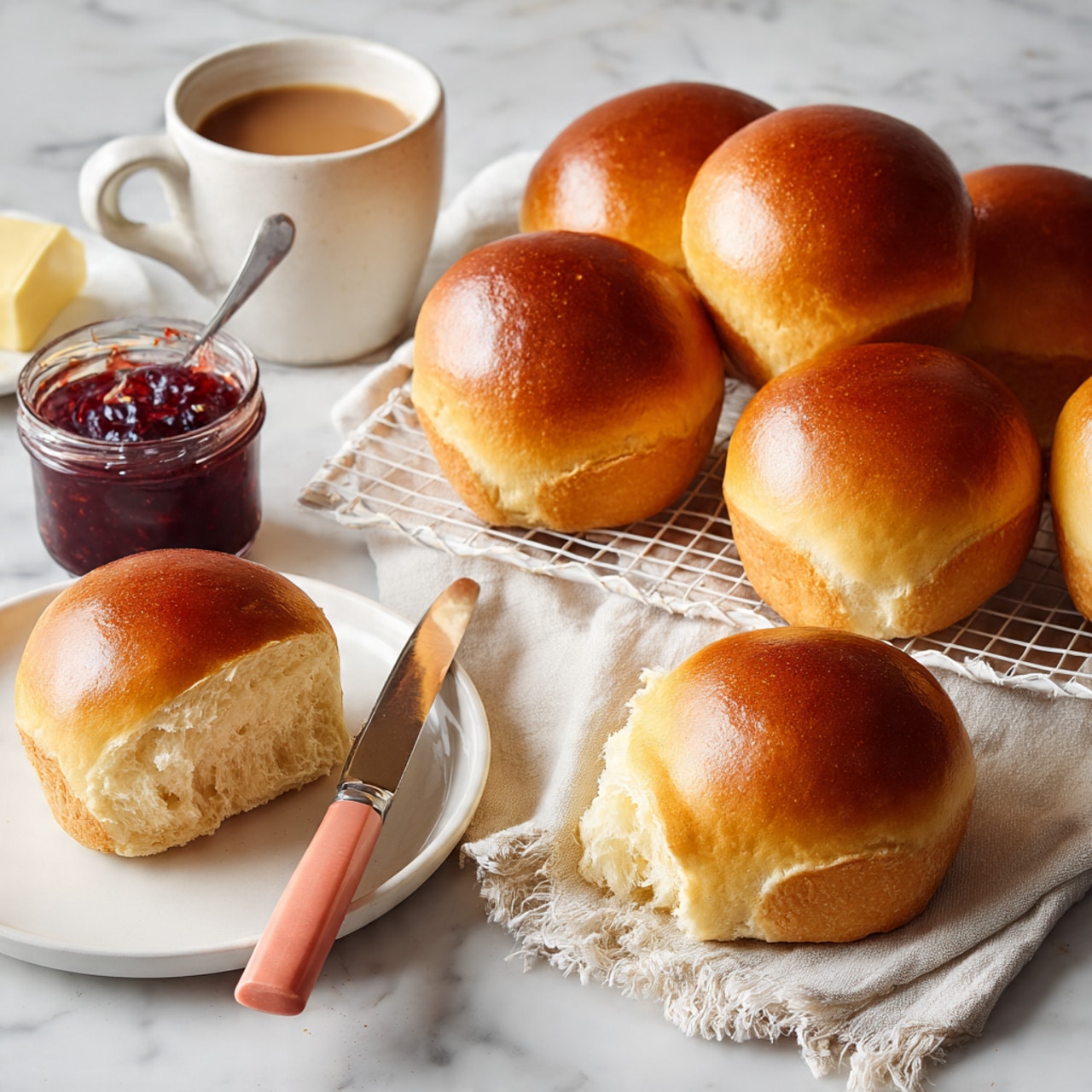 The image shows a group of eight shiny, golden-brown bread rolls with smooth tops arranged partly on a white wire rack with a beige cloth, and two more rolls placed on a light gray surface with a white marbled texture. One white plate holds a roll sliced open, revealing its soft, light cream inside, with a knife resting on the plate. Nearby, a jar of dark red jam with a spoon sits beside a small jar of honey, and a ceramic mug filled with light brown coffee is also visible. A knife with a coral handle lies next to a small piece of butter near the rolls. The whole scene is set on a white marbled surface, giving a clean and cozy breakfast vibe. photo taken with an iphone --ar 4:5 --v 7