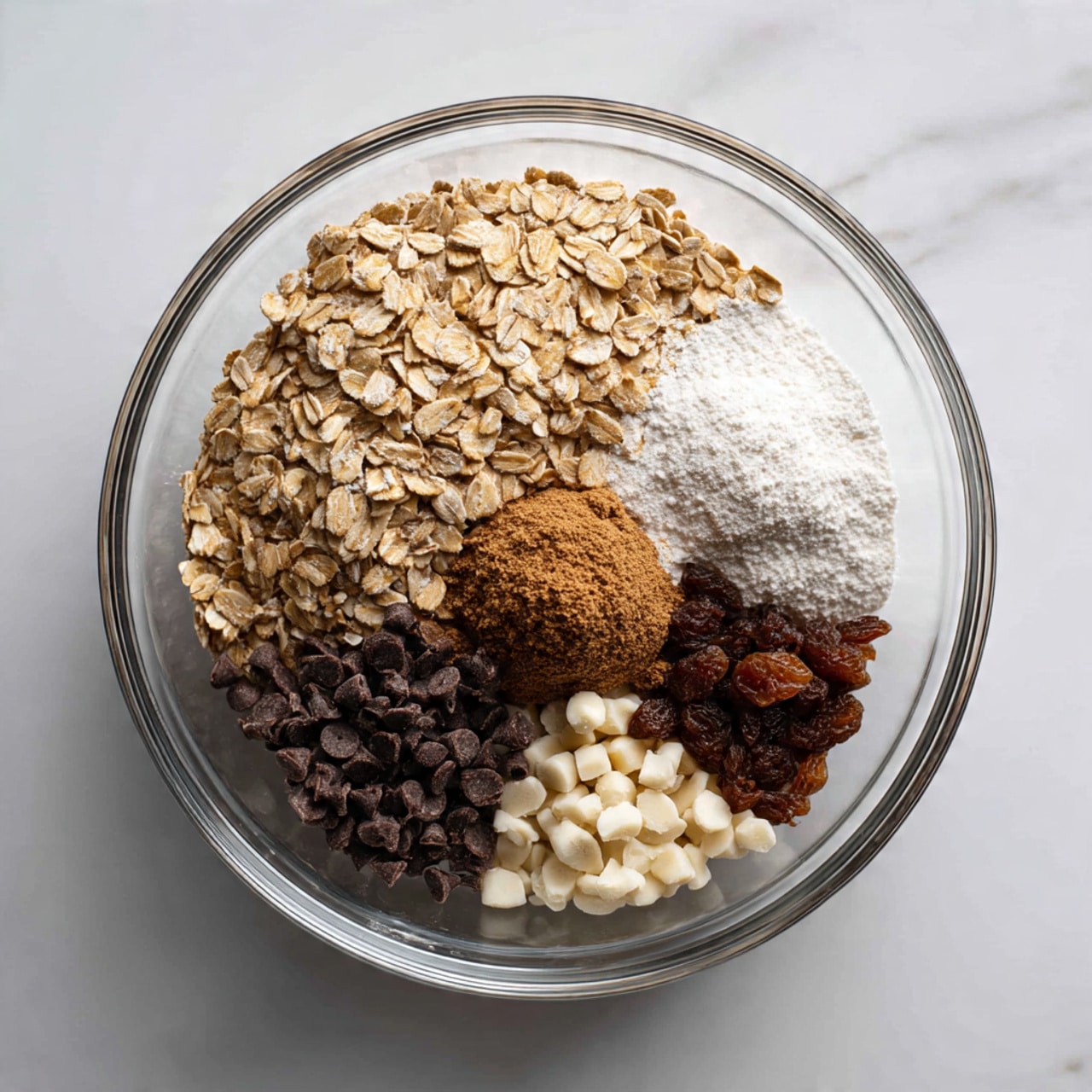 A clear glass bowl sits on a white marbled surface, filled with several layers of ingredients arranged separately inside. On the left side, there is a large section of light brown rolled oats with a coarse texture. To the right of the oats are two small mounds of white powder, likely salt and baking soda. Above this is a small round section of light brown nut butter, smooth in texture. Next to it, two small, round dark brown areas of raisins or similar dried fruit. Below the nut butter and raisins are small piles of dark brown chocolate chips and small white chunks, possibly white chocolate or nuts, with a firm texture. Photo taken with an iphone --ar 4:5 --v 7