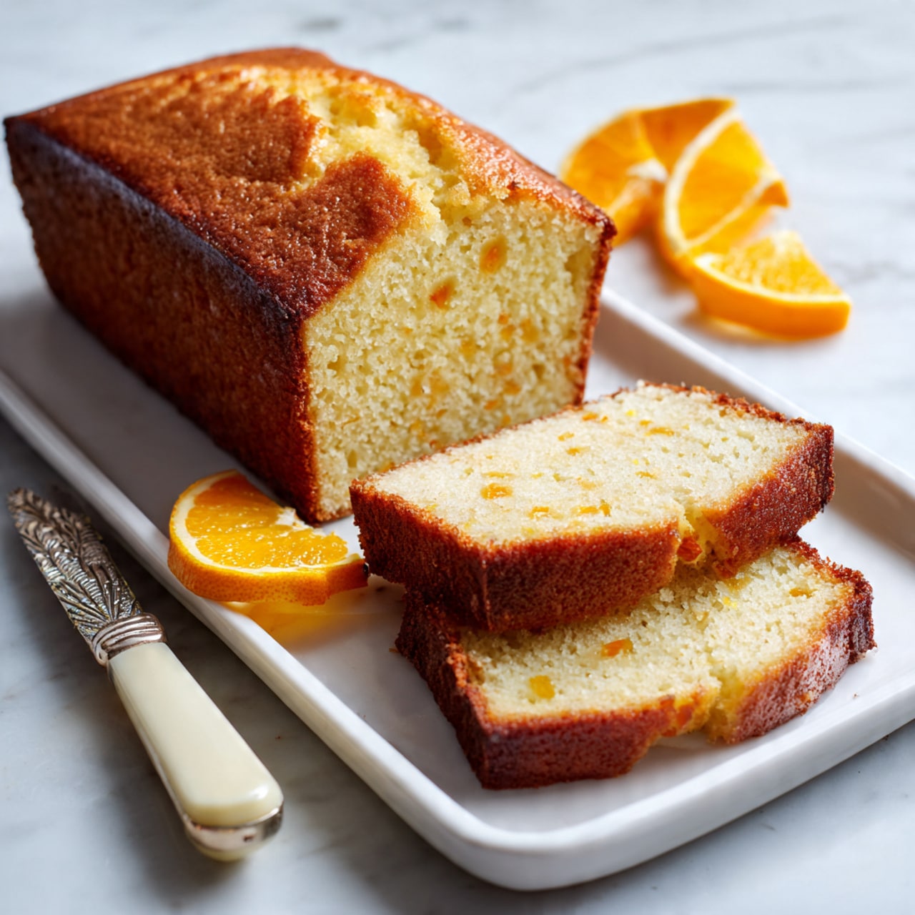 A plain loaf cake is shown on a white rectangular plate with a light brown crust and a soft, pale yellow inside with small orange bits visible throughout. Two thick slices are placed in front of the loaf, one lying flat and the other slightly leaning against the first slice, showing the moist texture inside. Bright orange slices are scattered near the plate edges on a white marbled surface, and a small knife with a cream-colored handle and decorative blade lies next to the cake. Photo taken with an iphone --ar 4:5 --v 7
