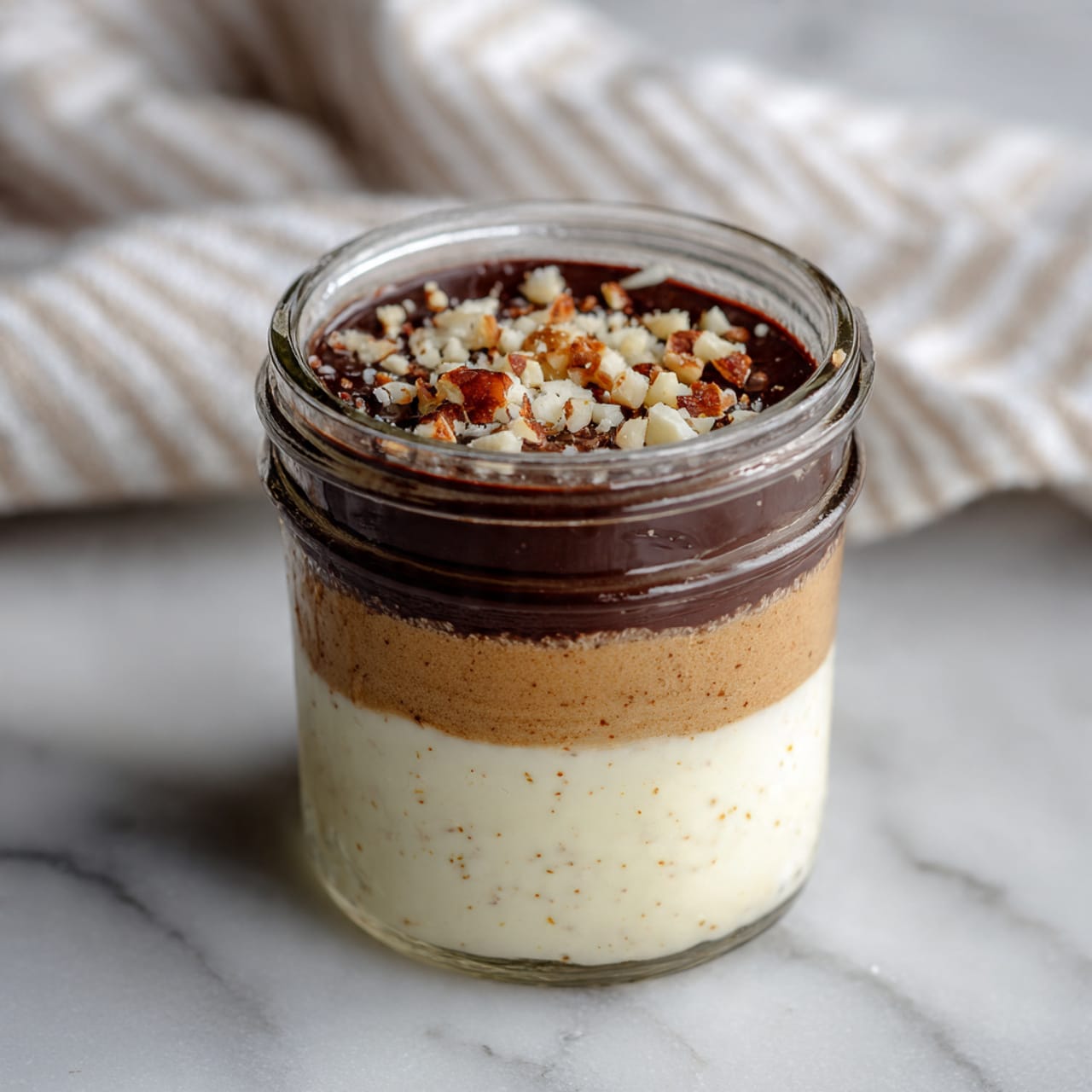 A clear glass jar with three distinct layers sits on a white marbled surface. The bottom layer is creamy white with small visible specks, giving it a textured look. The middle layer is a smooth, light brown, sitting evenly above the bottom. The top layer is a thick dark chocolate layer sprinkled with small chopped nuts. In the background is a light-colored striped cloth, softly blurred. Photo taken with an iphone --ar 4:5 --v 7
