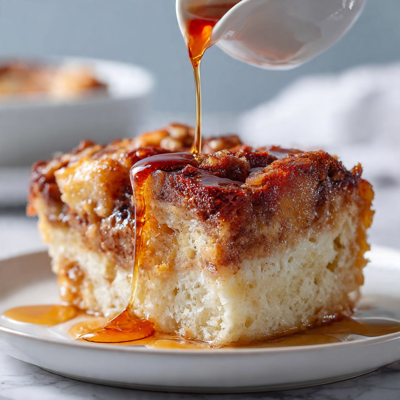 A thick slice of cinnamon bread pudding is placed on a white plate, showing two main layers: the bottom layer is soft and light beige with a slightly porous texture, while the top layer is darker with a golden-brown, caramelized crust mixed with gooey cinnamon swirls. A clear amber syrup is being poured over the top, pooling around the base and glistening under soft light. In the background, a blurred white plate with another piece of bread pudding is visible, all set on a white marbled surface. photo taken with an iphone --ar 4:5 --v 7