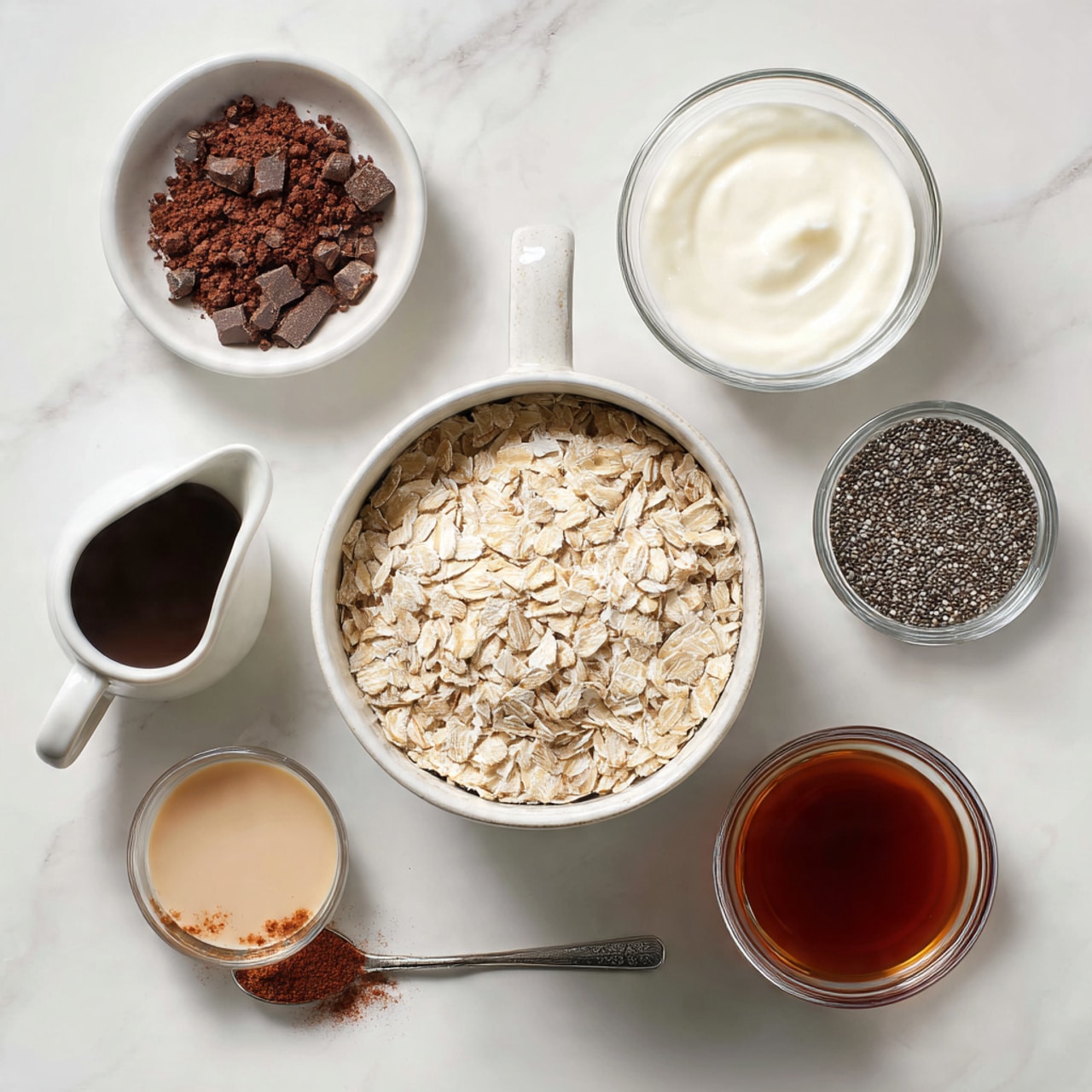 The image shows seven small containers of ingredients arranged on a white marbled surface. In the middle, a large white mug is filled with light beige rolled oats. At the top left, a small white bowl holds dark brown cocoa powder with some chunks. Next to it on the right, there is a small clear glass bowl with smooth, white yogurt. Below the yogurt, a small white pitcher contains thick, dark syrup. To the right of the oats, a small white bowl is filled with small black and white chia seeds. Below that, a clear glass bowl contains light beige creamy liquid, while next to it on the bottom right, a small clear bowl holds dark brown vanilla extract. On the left side near the cocoa powder bowl, a silver spoon has a small amount of brown powder on it. The composition is neat and well-lit with the ingredients standing out against the simple white marbled background photo taken with an iphone --ar 4:5 --v 7