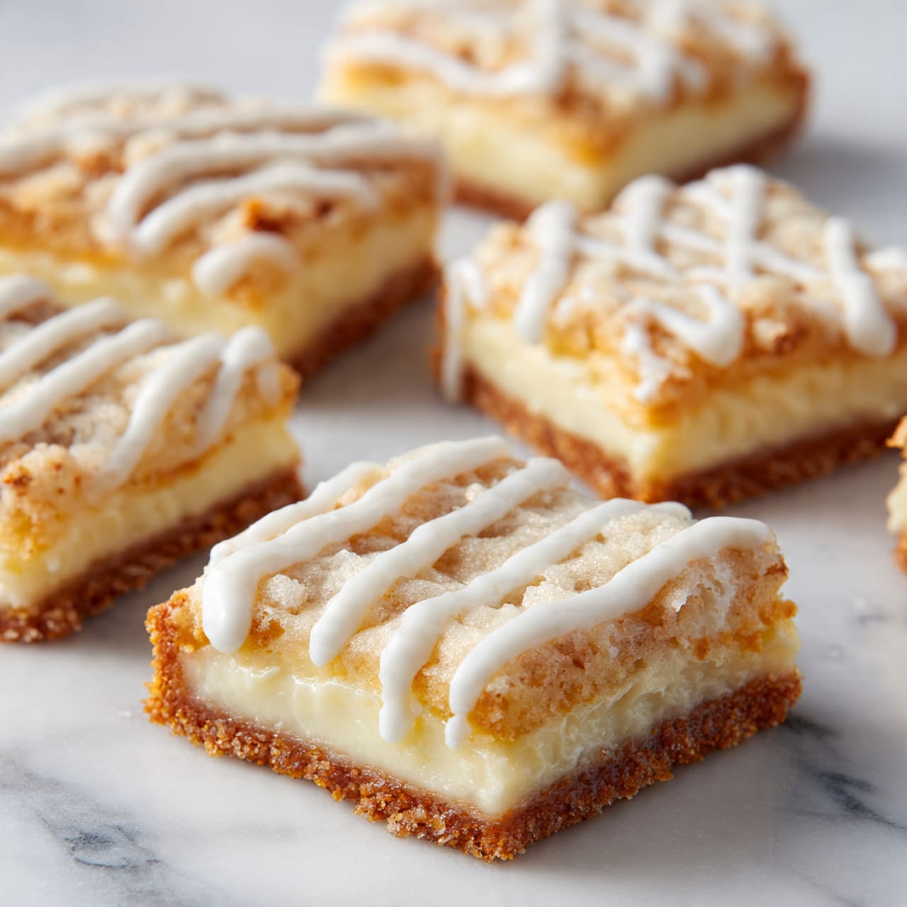The image shows several square-shaped pastries placed on a white marbled surface. Each pastry has a golden-brown crust as the bottom layer, topped with a creamy pale yellow cheese filling in the center. The top layer is decorated with white icing drizzled in diagonal lines across each pastry, creating a striped pattern. The texture looks soft with slightly crisp edges and smooth icing, with the pastries spread evenly but loosely across the surface. photo taken with an iphone --ar 4:5 --v 7