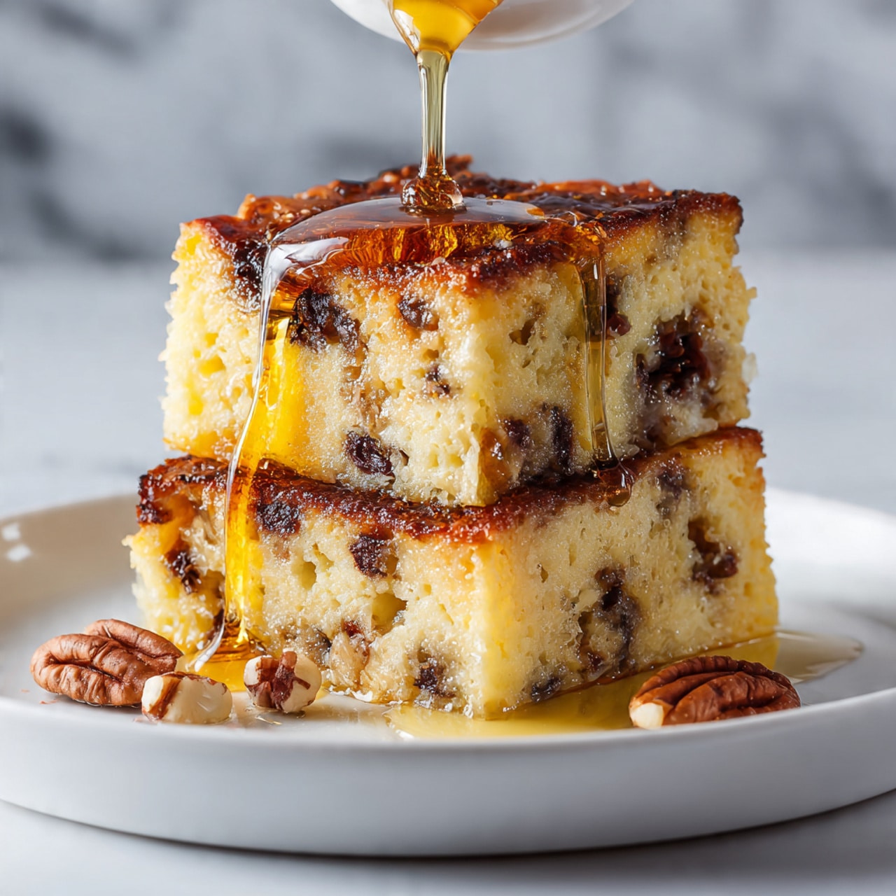 This image shows two thick pieces of bread pudding stacked on a white plate. The pudding has a golden brown crust with a soft yellow inside that is filled with small bits of dark chocolate and nuts. A shiny stream of syrup is being poured over the top piece, creating a glossy shine and slight drip down the sides. The texture looks crispy on the outside and moist on the inside, with scattered nut pieces around the plate. The background is a white marbled texture. Photo taken with an iphone --ar 4:5 --v 7
