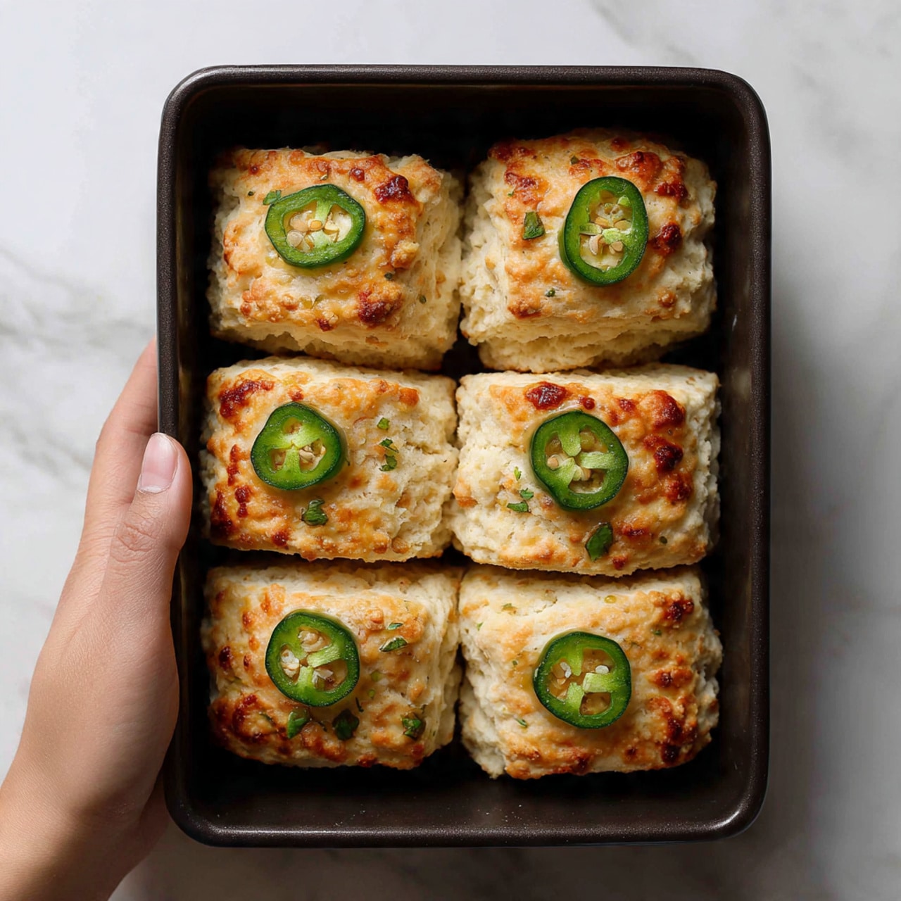 The image shows six golden brown biscuits in a dark baking dish, each topped with a thin slice of green jalapeño pepper. The biscuits have a flaky, layered texture with a slightly crispy surface, and the jalapeño slices add a fresh pop of green color on top. The baking dish sits on a white marbled surface, and a woman's hand is not visible in the image. photo taken with an iphone --ar 4:5 --v 7