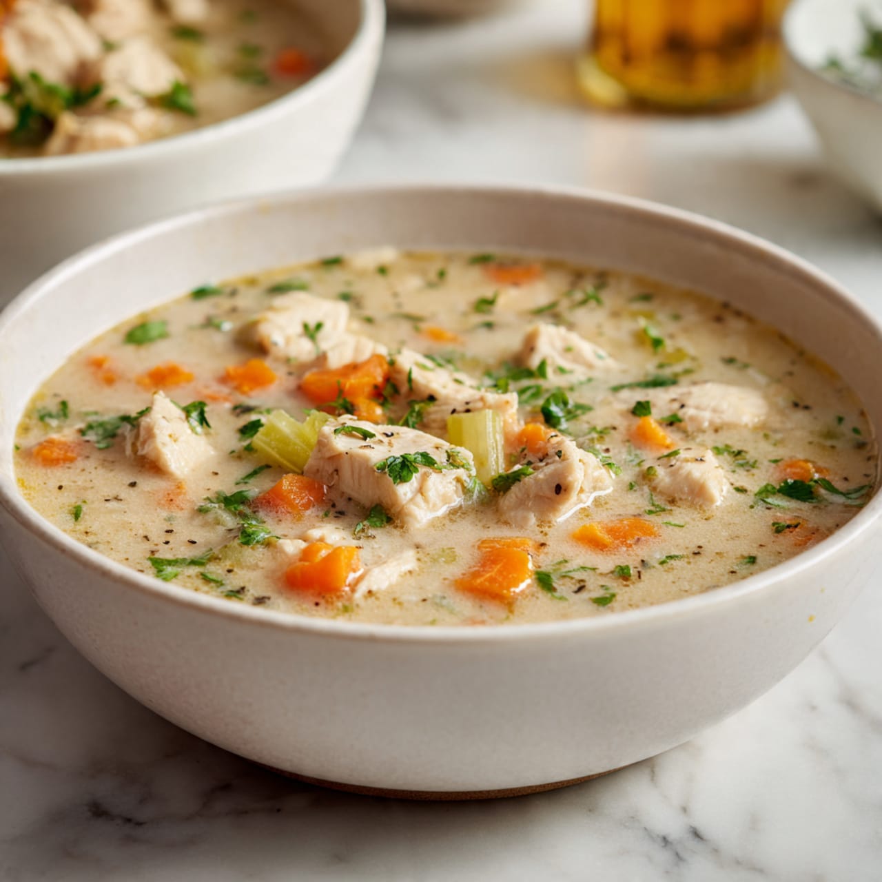 A white bowl filled with thick, creamy chicken soup showing chunks of chicken, small bright orange carrot pieces, and pale green celery mixed in. The soup is light beige with a slightly lumpy texture, and finely chopped green herbs are sprinkled on top. The bowl sits on a white marbled surface with a blurred background that includes another similar bowl and a bottle with liquid. Photo taken with an iphone --ar 4:5 --v 7