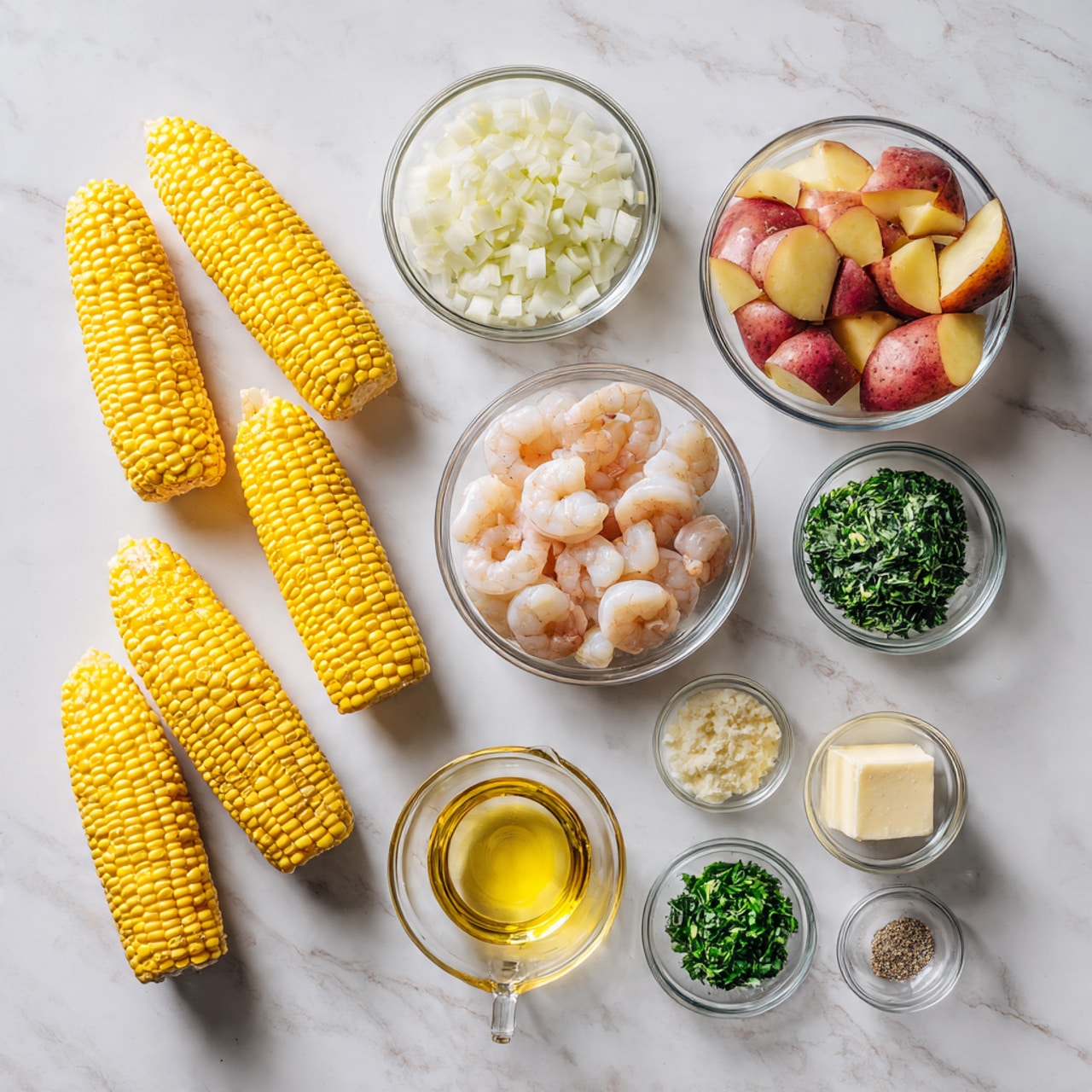 The image shows a top-down view of ingredients arranged neatly on a white marbled surface. There are three ears of fresh yellow corn placed horizontally on the left side. Above them, a small clear glass bowl holds chopped white onions, and next to it is a slightly larger glass measuring cup filled with a golden yellow liquid. Near the center, a clear bowl contains several raw shrimp with light pink and white tones. To the right, there is a bowl filled with red-skinned potato chunks, showing off their creamy inside. Surrounding the bigger bowls are smaller glass bowls holding minced garlic, chopped green herbs, a pat of butter, black pepper, salt, and a small amount of cream in another measuring cup. The layout is orderly and balanced, set on a clean white marbled surface. photo taken with an iphone --ar 4:5 --v 7