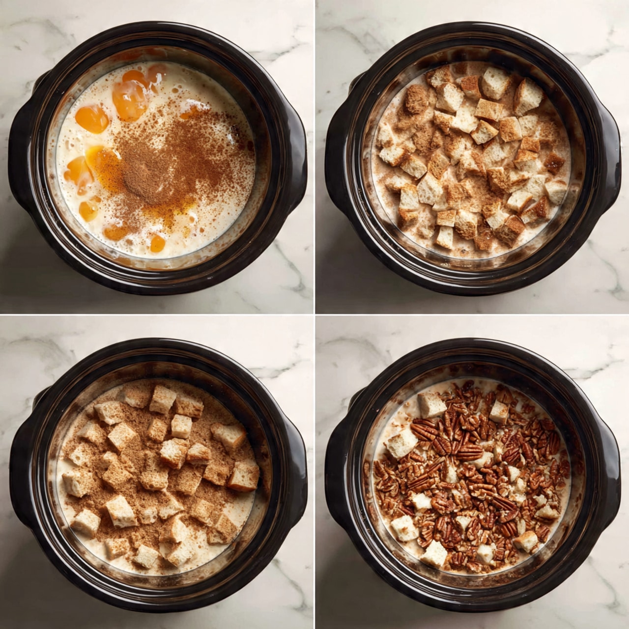The image shows six steps of making a dessert inside a black slow cooker on a white marbled surface. Step 1 has a creamy mixture with visible orange egg yolks and brown cinnamon sprinkled on top in the cooker. Step 2 shows the same mixture stirred, blending the colors into light brown with some oil spots. Step 3 adds a layer of chunky white bread cubes covering the mixture. Step 4 sprinkles a layer of chopped pecans over the bread cubes. Step 5 covers the pecans with a crumbly brown sugar topping. Step 6 finishes by scattering small pieces of butter on top of the cinnamon sugar layer. Photo taken with an iphone --ar 4:5 --v 7