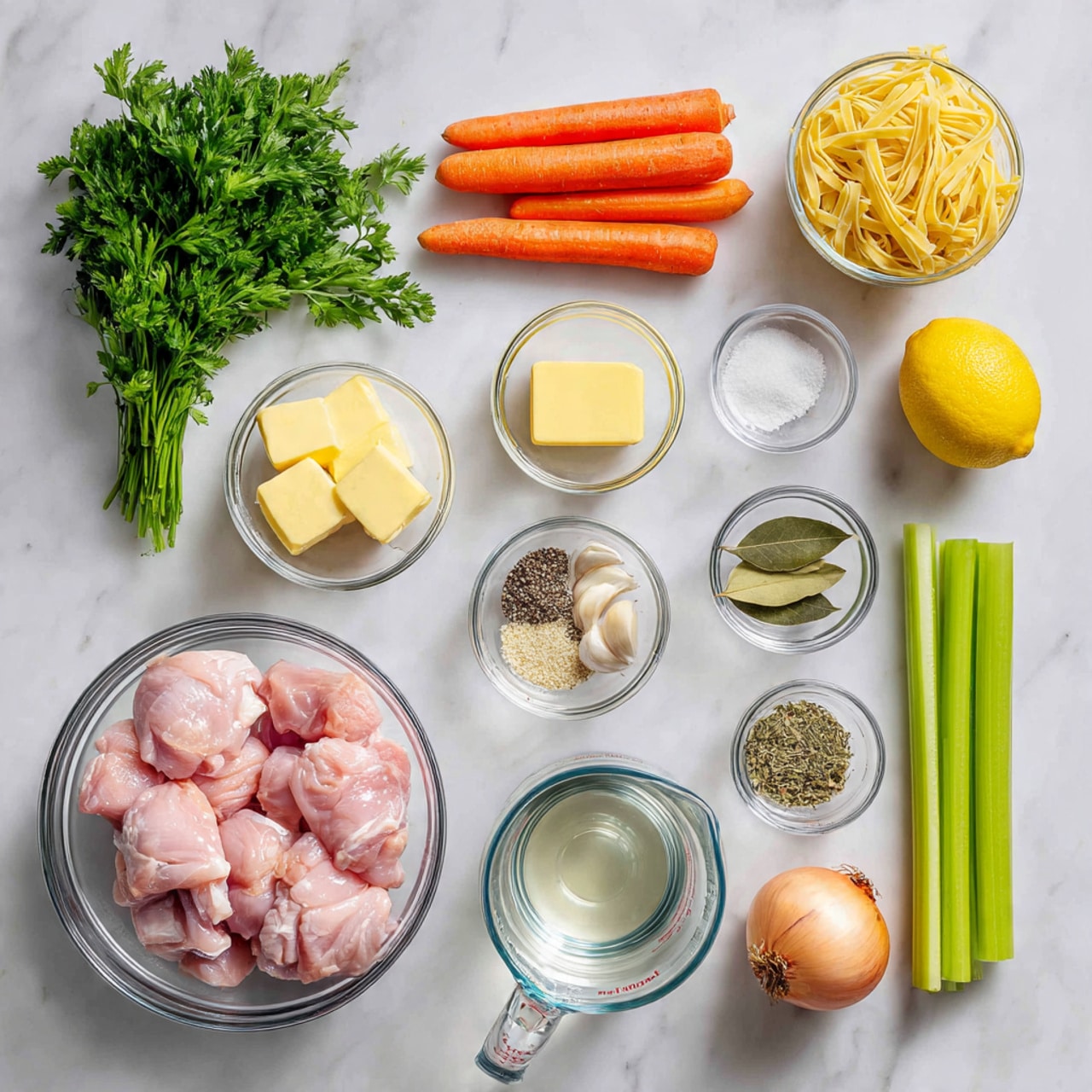 The image shows all the ingredients for a chicken noodle soup arranged neatly on a white marbled surface. In the center, there is a clear glass bowl with raw pink chicken pieces. Around it, starting from the top left, there is a bunch of fresh green parsley, three long orange carrots below it, and a small clear bowl with uncooked yellow egg noodles beside the carrots. Below the noodles, there is another small clear bowl with two pats of light yellow butter. On the right side of the chicken, there are three small clear bowls: one with coarse black pepper and white salt, one with three garlic cloves and two bay leaves, and one with dried green herbs. Below these, to the right of the chicken, there is a clear glass measuring cup filled with water. Below the measuring cup, a whole round yellow onion is placed, and next to it, on the far right, are three light green celery stalks. A whole yellow lemon is positioned near the top right corner. Everything is laid out clearly and evenly spaced. photo taken with an iphone --ar 4:5 --v 7