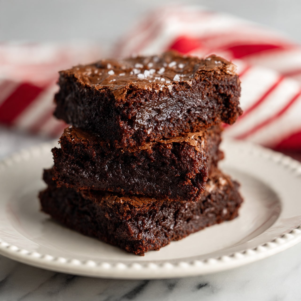 The image shows two thick, square brownies stacked on top of each other on a simple white plate. The top brownie has a slightly cracked, shiny crust with a rich dark brown color, while the inside looks dense and moist with a soft texture. The white marbled surface underneath adds a clean and bright contrast to the dark brownies. photo taken with an iphone --ar 4:5 --v 7