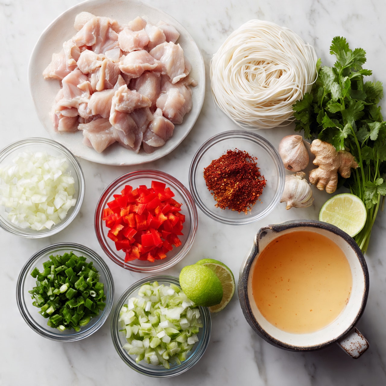 The image shows several small clear glass bowls on a white marbled surface, each holding a different ingredient: finely chopped white onions, chopped green onions, red bell peppers cut into small pieces, and a reddish-brown paste. There is also a bunch of fresh green cilantro, a halved lime, fresh ginger root, garlic cloves, a bowl of orange broth, and a measuring jug filled with a creamy white liquid. A large white plate holds many small pieces of raw light pink chicken. Thin rice noodles are placed near the garlic and broth. The layout is neat and colorful, with each ingredient clearly visible. Photo taken with an iphone --ar 4:5 --v 7