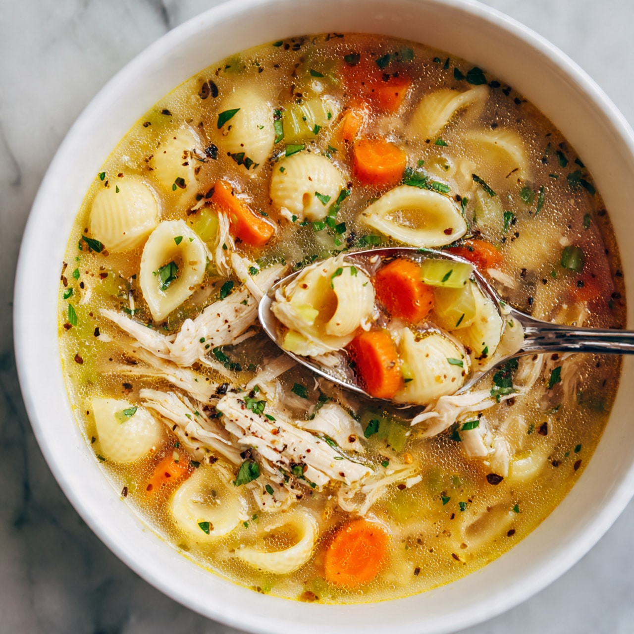 A white bowl filled with clear broth soup that shows pieces of shredded light beige chicken, bright orange carrot slices, and light green celery chunks mixed with small shell-shaped pasta in a warm golden liquid, sprinkled evenly with small green herb bits. A silver spoon holds a close-up mix of carrot, celery, and chicken over the bowl, all set on a white marbled surface. photo taken with an iphone --ar 4:5 --v 7