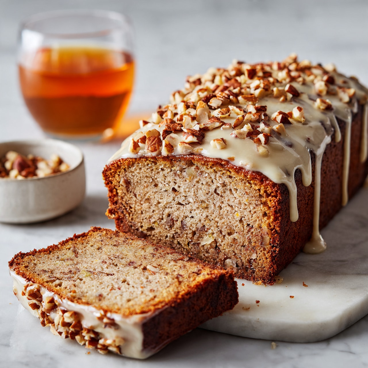 A loaf of moist nut bread sits on a white marble surface, with one thick slice cut and placed in front. The bread is light brown with small darker nut pieces visible inside. The top is covered with a drizzle of light cream-colored icing that flows down the side, and a generous layer of chopped toasted nuts sprinkled thickly over the icing. Behind the bread, a glass filled with amber liquid and a small white bowl with more nuts are slightly blurred. A woman's hand is gently holding the slice. Photo taken with an iphone --ar 4:5 --v 7