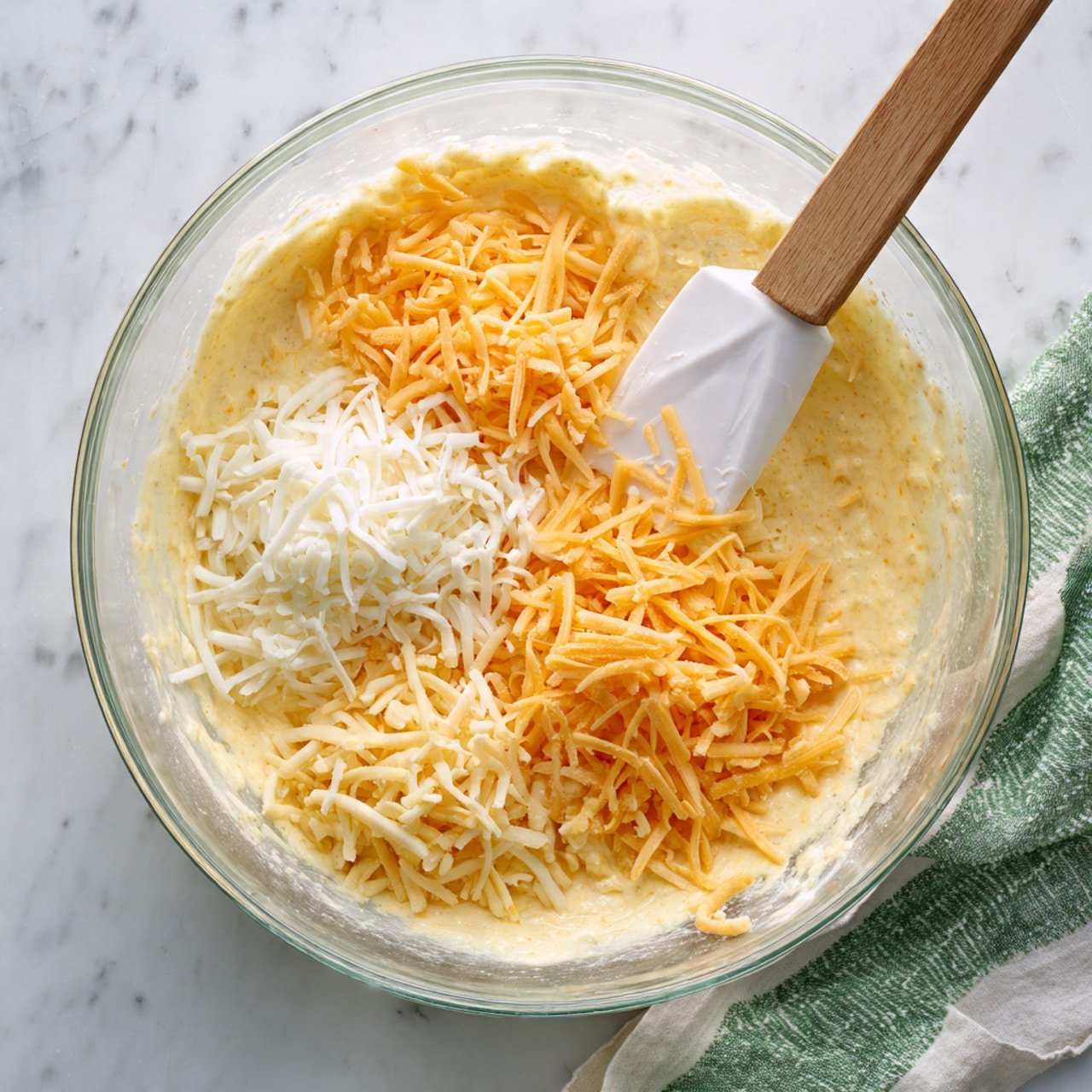 A clear glass bowl sits on a white marbled surface, filled with a creamy yellow batter. On top of the batter, there are three piles of cheese: one with shredded white cheese on the left, a smaller pile of shredded orange cheese in the middle, and a heap of grated pale yellow cheese on the right. A white spatula with a wooden handle rests inside the bowl, mixing the cheese and batter together. Nearby, a white plate with more shredded cheese is partially visible, and a green and white cloth towel is placed on the surface. The photo is taken with an iphone --ar 4:5 --v 7