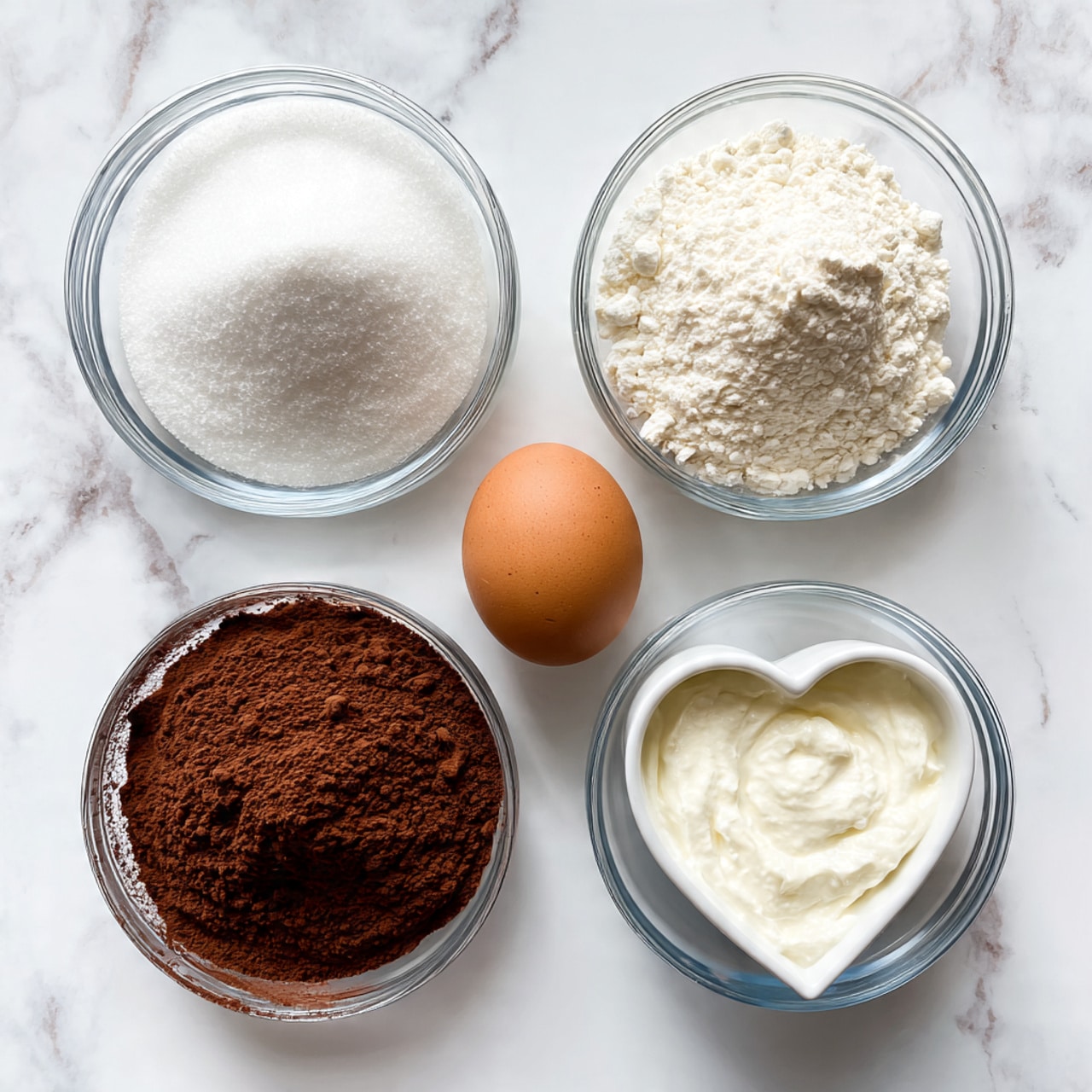 The image shows five ingredients placed on a white marbled surface. There are four clear glass bowls, each with different contents: one has white granulated sugar, another holds white flour, a third contains white creamy yogurt, and a heart-shaped white bowl is filled with dark brown cocoa powder. Next to these bowls, there is a single brown egg resting directly on the surface. The arrangement is simple and spaced out evenly across the frame. photo taken with an iphone --ar 4:5 --v 7