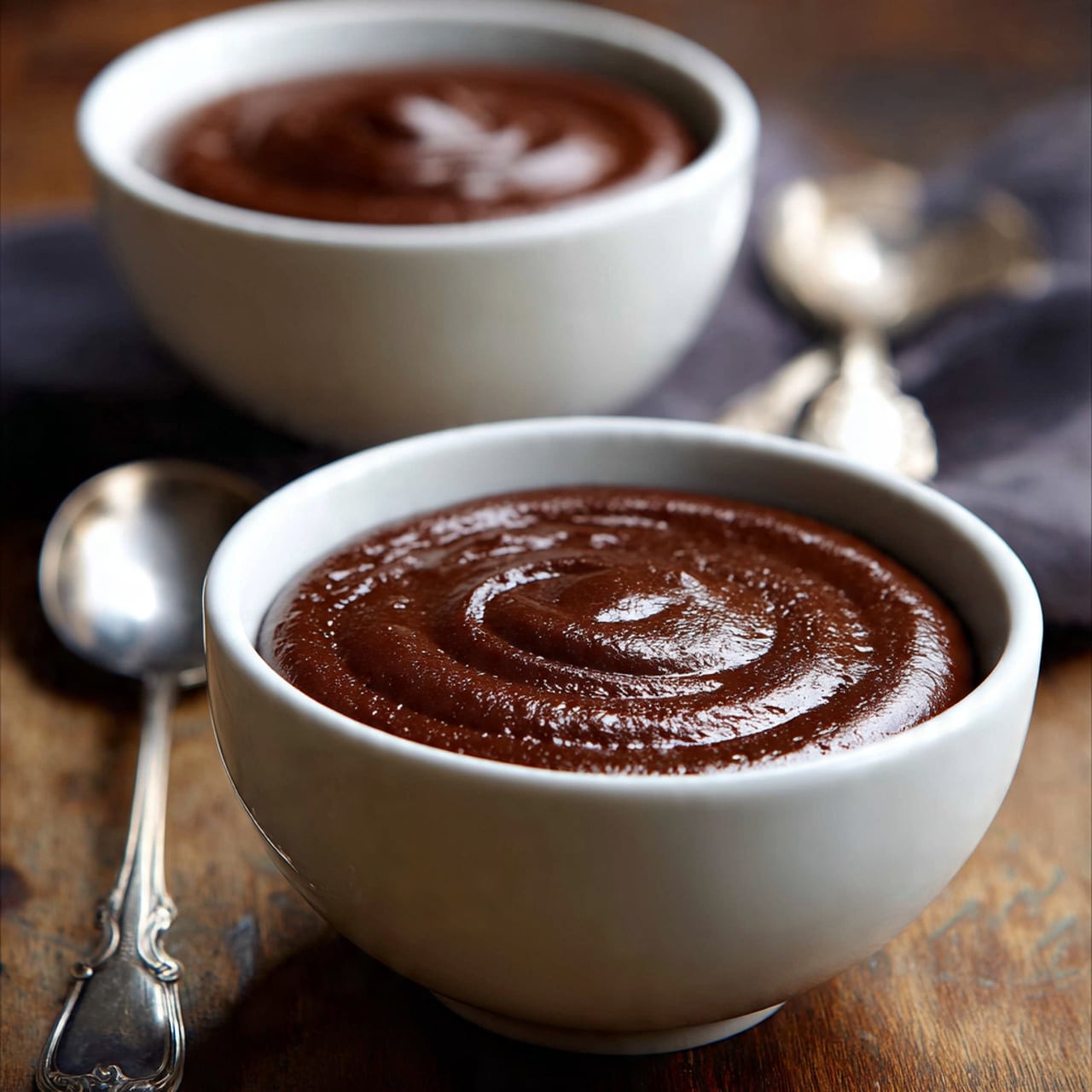 This image shows a close-up of two white bowls filled with smooth chocolate pudding. The pudding has a thick, creamy texture with a shiny surface and slight swirl marks on top. The bowls sit on a wooden surface with a silver spoon nearby. The background is softly blurred, putting focus on the rich, dark brown pudding in the white bowls. Photo taken with an iphone --ar 4:5 --v 7