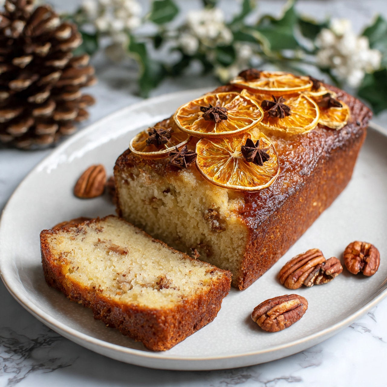 The image shows a golden yellow loaf cake on a white plate with a white marbled surface beneath. The cake is topped with thin slices of dried orange decorated with whole cloves, while a few pecan nuts are scattered around the plate. The loaf is sliced, revealing a soft, moist inner texture with a light crumb. The cake's crust is golden brown and slightly textured. In the background, there is a pinecone and some green and white floral decoration. Photo taken with an iphone --ar 4:5 --v 7