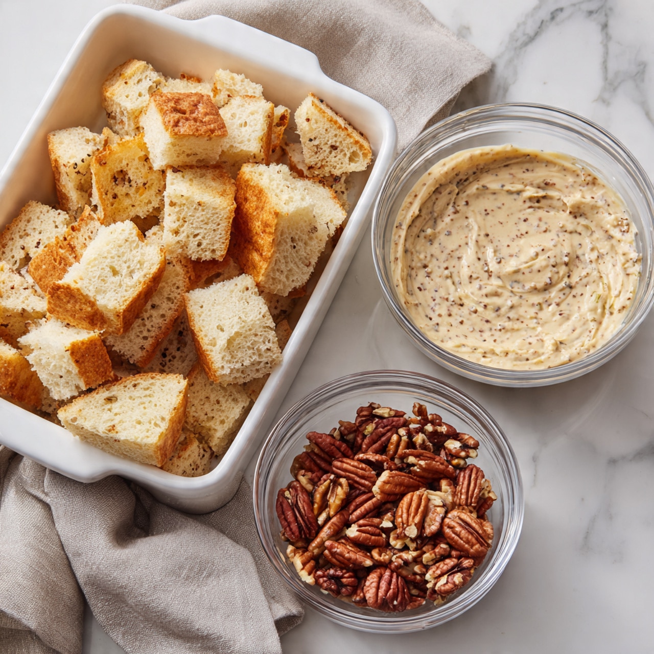 The image shows a white rectangular dish filled with irregular pieces of torn bread, light golden-brown in color with a soft texture and slightly crunchy edges. Next to it, there are two clear round bowls, one filled with whole pecans that are reddish-brown and shiny, and the other filled with a creamy mixture speckled with ground nut bits, having a smooth texture. Below these bowls is a smaller clear round bowl filled with chopped pecans. All items are placed on a white marbled surface with a light fabric partially visible underneath one bowl. Photo taken with an iphone --ar 4:5 --v 7