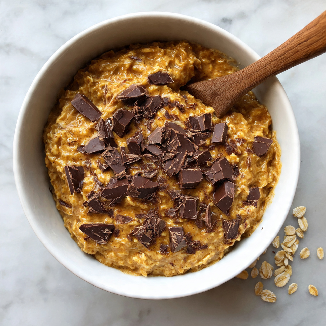 Chocolate Chip Baked Oatmeal Recipe 5 A white bowl filled with a thick, golden-brown baked dish topped with uneven pieces of dark brown chocolate. The dish has a slightly rough surface with visible oats scattered around the bowl on a white marbled background. A wooden spoon rests inside the bowl with its handle pointing diagonally outwards. Photo taken with an iphone --ar 4:5 --v 7